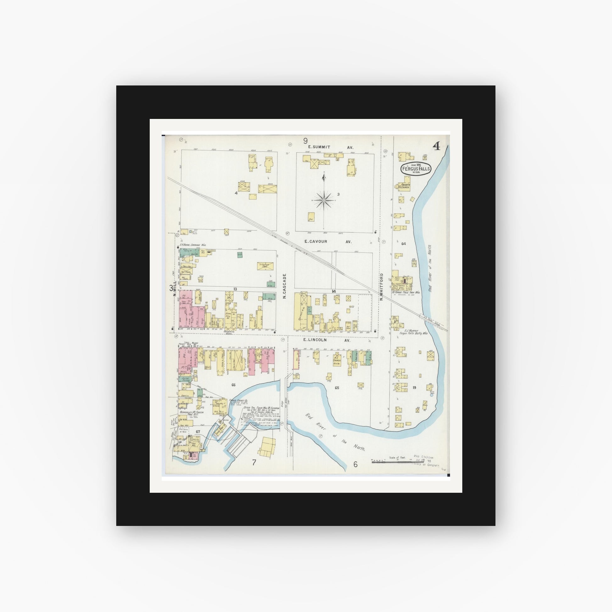 Old map wall art mockup — black gallery frame with white mat — Sanborn Fire Insurance Map from Fergus Falls, Otter Tail County, Minnesota (1896), Sheet #0004