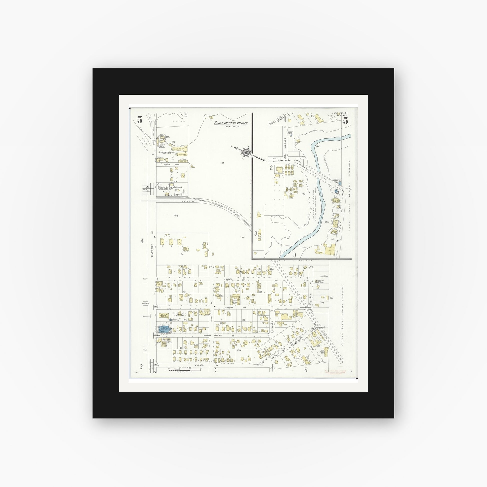 Old map wall art mockup — black gallery frame with white mat — Sanborn Fire Insurance Map from Wahiawa, Honolulu County, Hawaii (1942), Sheet #0005