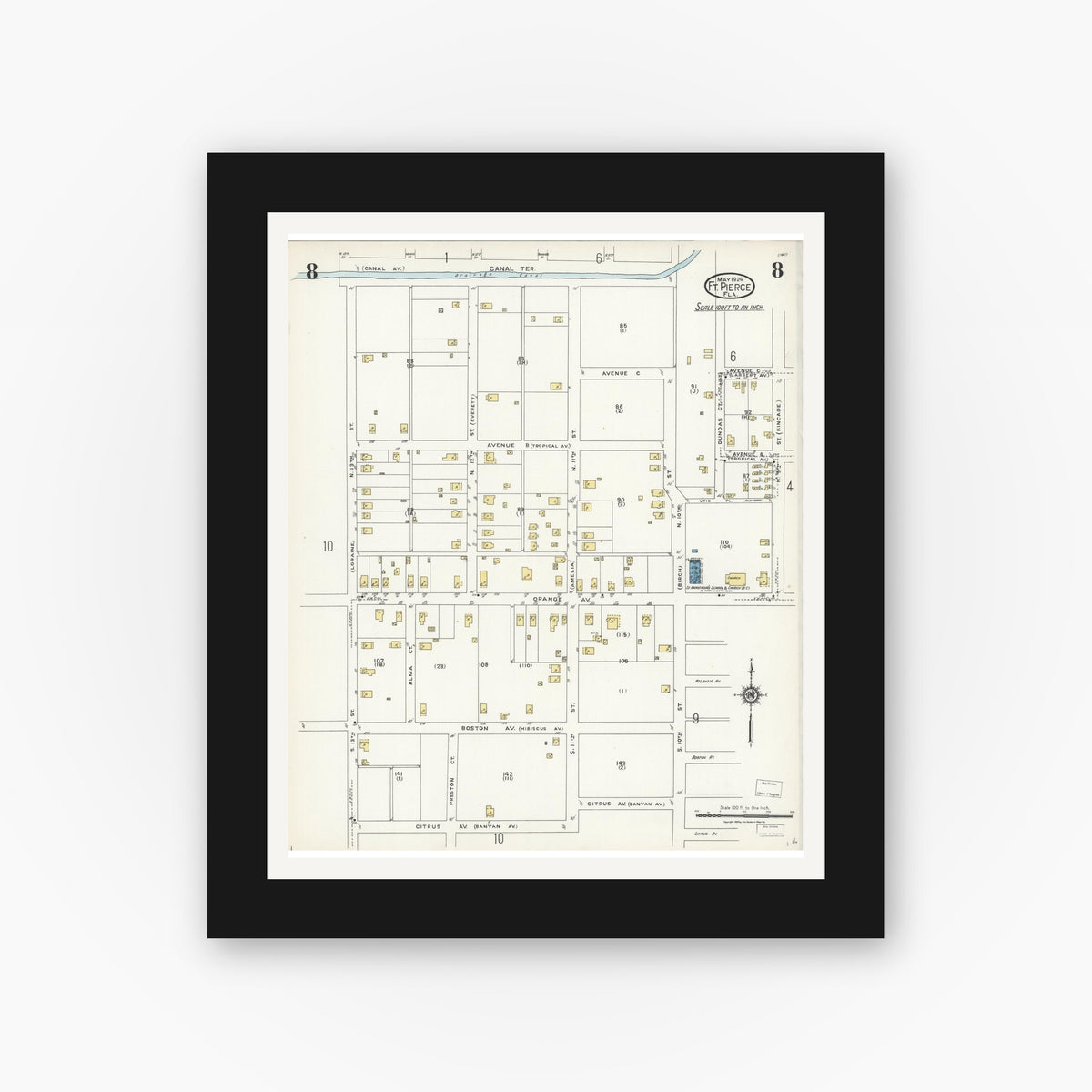 Old map wall art mockup — black gallery frame with white mat — Sanborn Fire Insurance Map from Fort Pierce, St Lucie County, Florida (1924), Sheet #0008