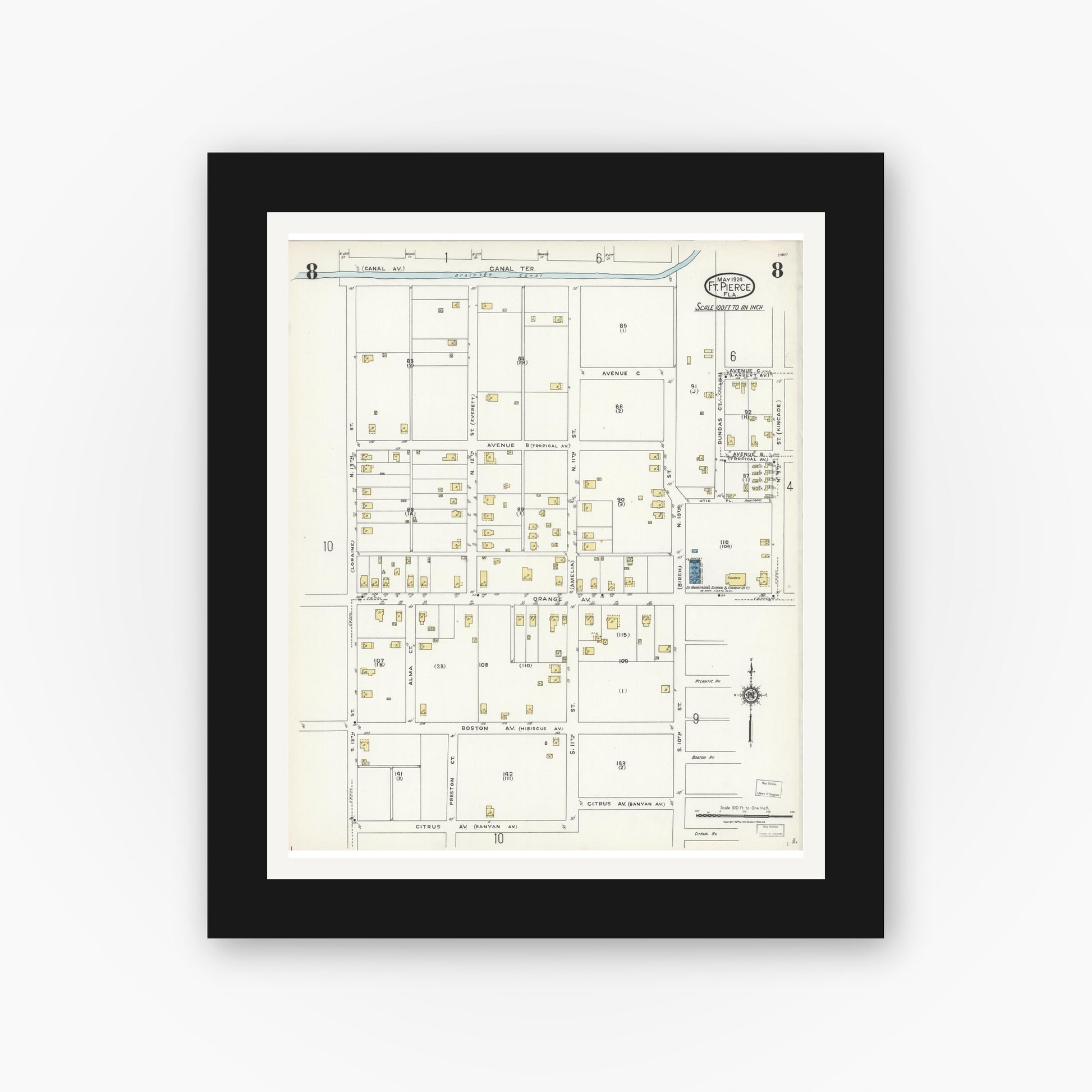 Old map wall art mockup — black gallery frame with white mat — Sanborn Fire Insurance Map from Fort Pierce, St Lucie County, Florida (1924), Sheet #0008