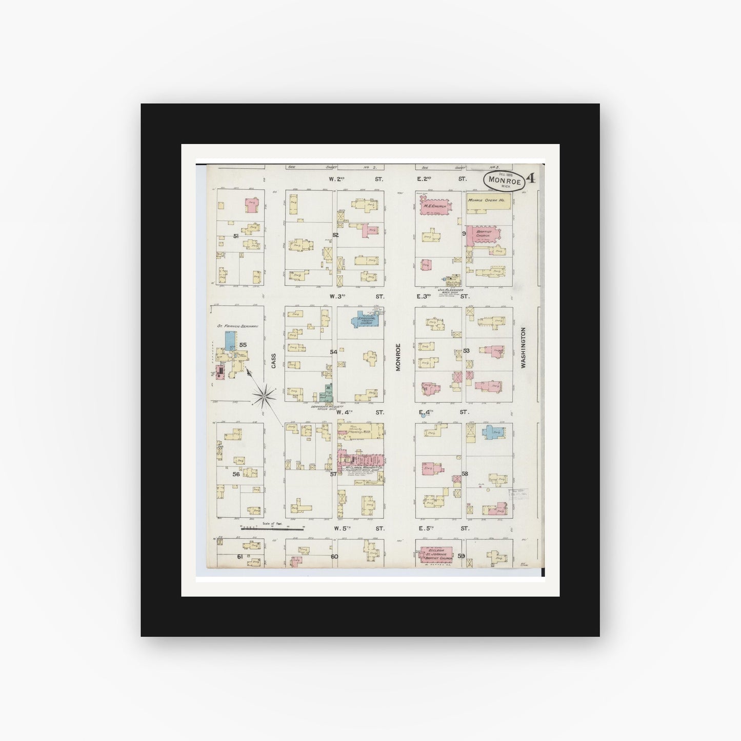 Old map wall art mockup — black gallery frame with white mat — Sanborn Fire Insurance Map from Monroe, Monroe County, Michigan (1888), Sheet #0004