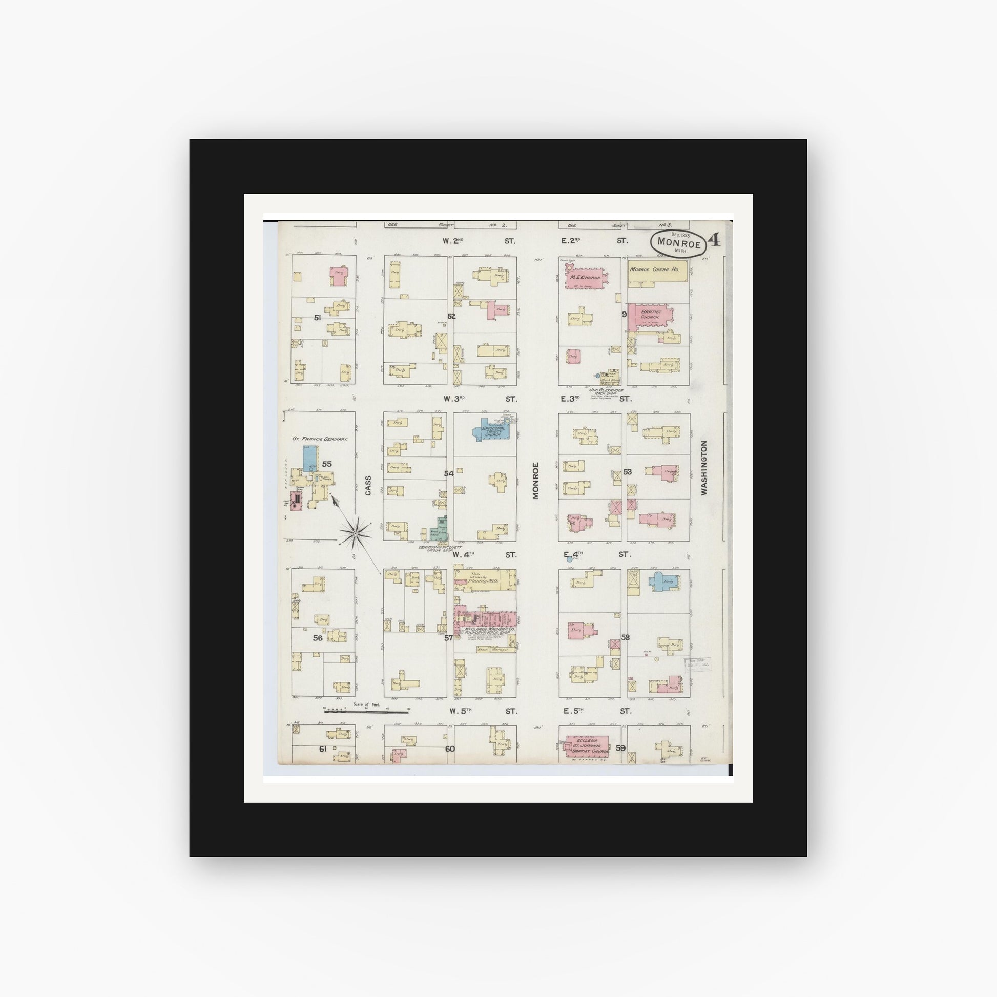 Old map wall art mockup — black gallery frame with white mat — Sanborn Fire Insurance Map from Monroe, Monroe County, Michigan (1888), Sheet #0004