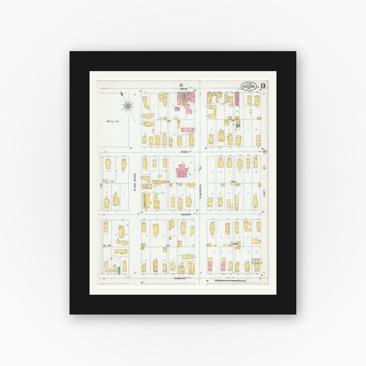 Old map wall art mockup — black gallery frame with white mat — Sanborn Fire Insurance Map from Green Bay, Brown County, Wisconsin (1900), Sheet #0009
