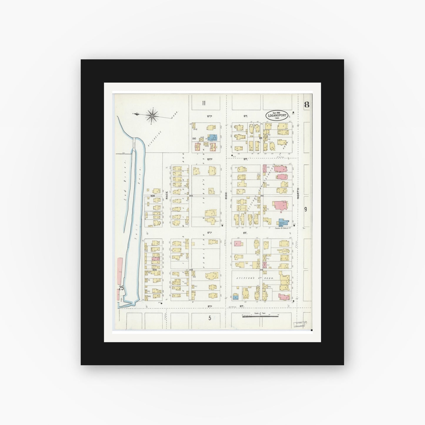 Old map wall art mockup — black gallery frame with white mat — Sanborn Fire Insurance Map from Logansport, Cass County, Indiana (1906), Sheet #0008