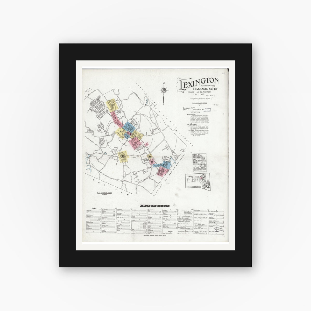 Old map wall art mockup — black gallery frame with white mat — Sanborn Fire Insurance Map from Lexington, Middlesex County, Massachusetts (1927) - Complete Map Set