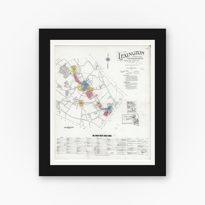 Old map wall art mockup — black gallery frame with white mat — Sanborn Fire Insurance Map from Lexington, Middlesex County, Massachusetts (1927) - Complete Map Set