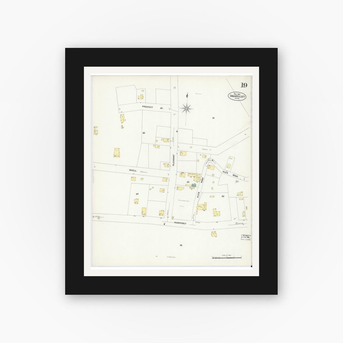 Old map wall art mockup — black gallery frame with white mat — Sanborn Fire Insurance Map from Swampscott, Essex County, Massachusetts (1907), Sheet #0019