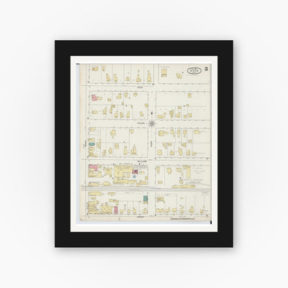 Old map wall art mockup — black gallery frame with white mat — Sanborn Fire Insurance Map from Ovid, Clinton County, Michigan (1895), Sheet #0003