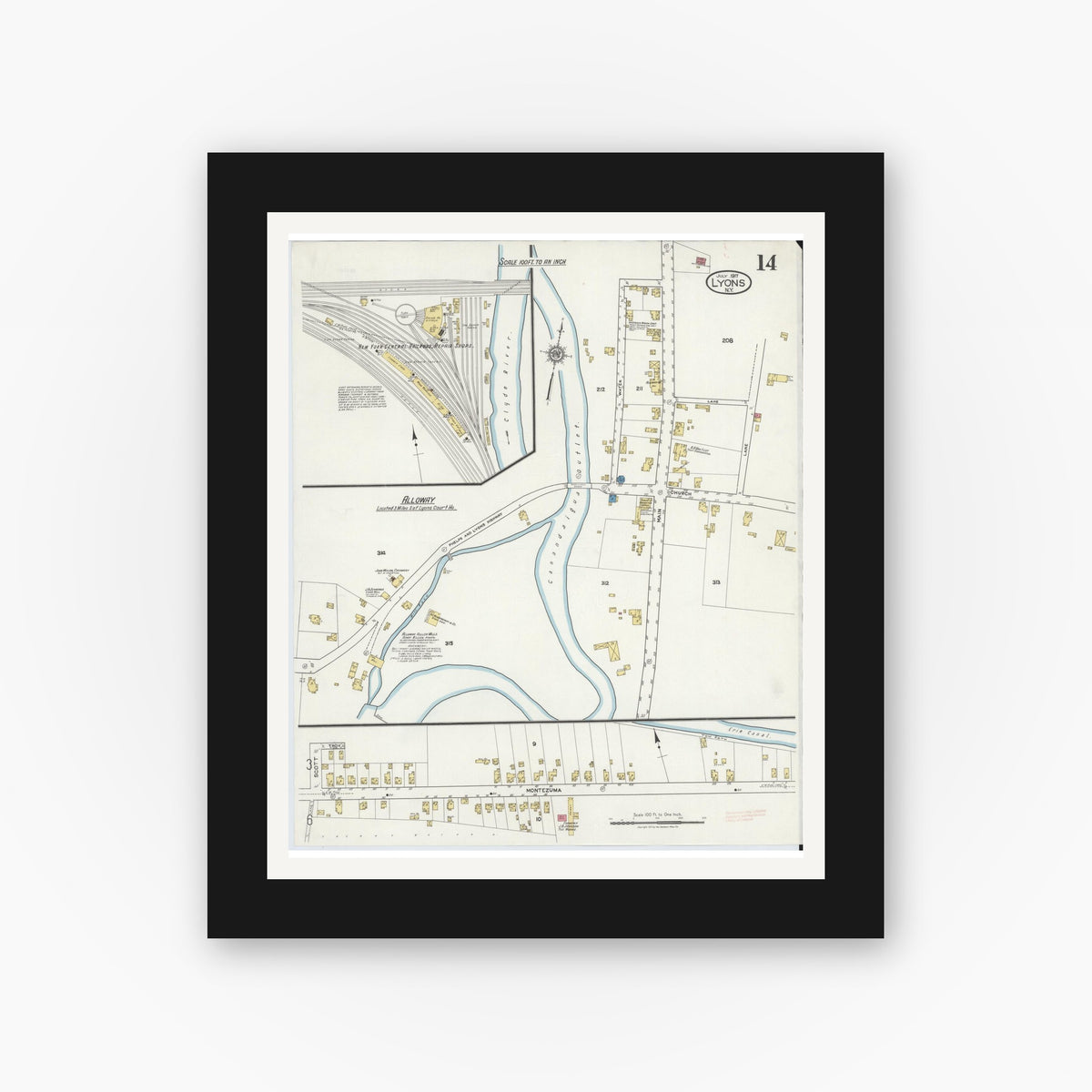 Old map wall art mockup — black gallery frame with white mat — Sanborn Fire Insurance Map from Lyons, Wayne County, New York (1917), Sheet #0014