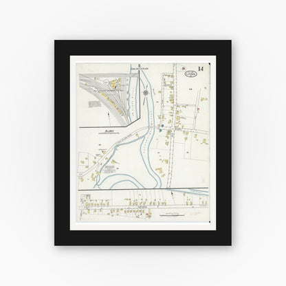 Old map wall art mockup — black gallery frame with white mat — Sanborn Fire Insurance Map from Lyons, Wayne County, New York (1917), Sheet #0014
