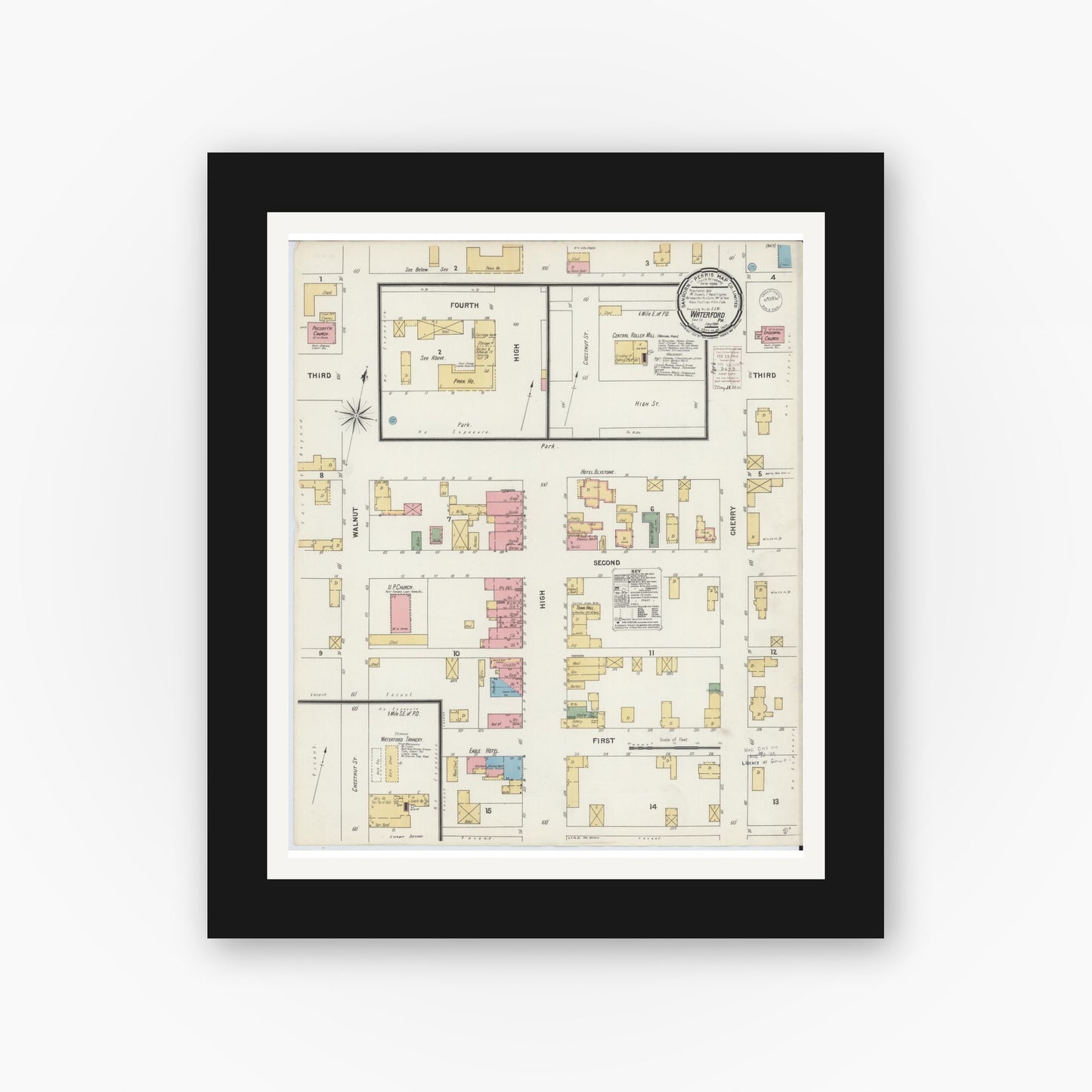 Old map wall art mockup — black gallery frame with white mat — Sanborn Fire Insurance Map from Waterford, Erie County, Pennsylvania (1900), Sheet #0001