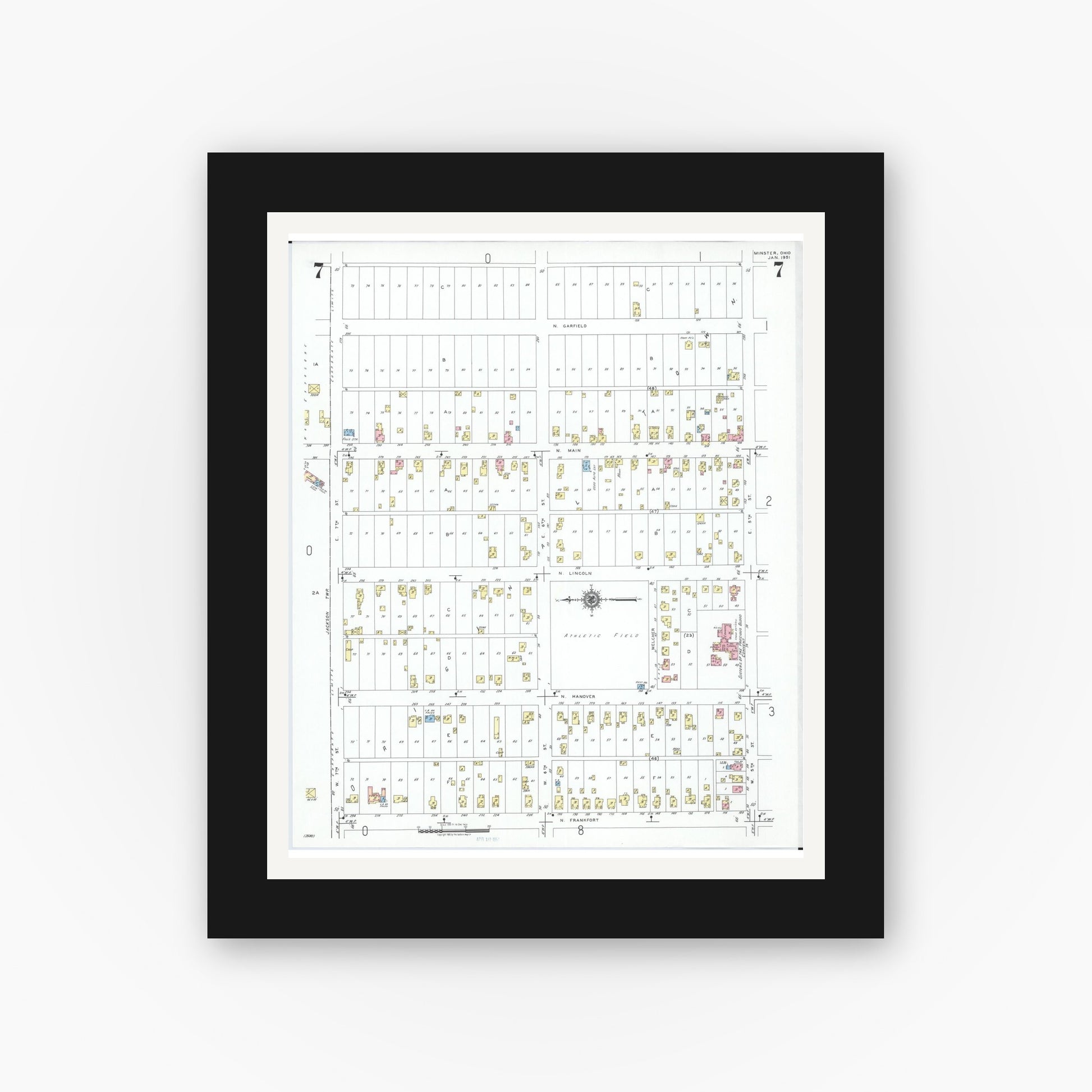 Old map wall art mockup — black gallery frame with white mat — Sanborn Fire Insurance Map from Minster, Auglaize County, Ohio (1951), Sheet #0007