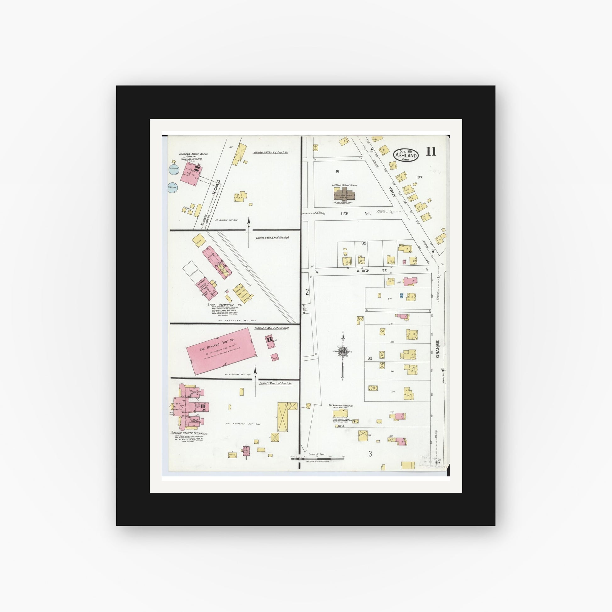Old map wall art mockup — black gallery frame with white mat — Sanborn Fire Insurance Map from Ashland, Ashland County, Ohio (1919), Sheet #0011