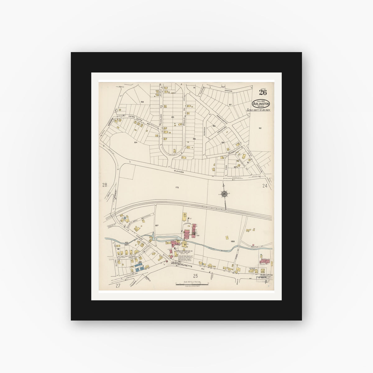 Old map wall art mockup — black gallery frame with white mat — Sanborn Fire Insurance Map from Arlington, Middlesex County, Massachusetts (1922), Sheet #0026