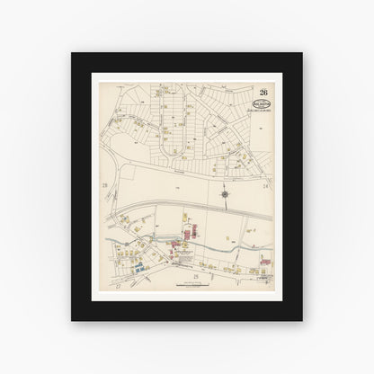 Old map wall art mockup — black gallery frame with white mat — Sanborn Fire Insurance Map from Arlington, Middlesex County, Massachusetts (1922), Sheet #0026