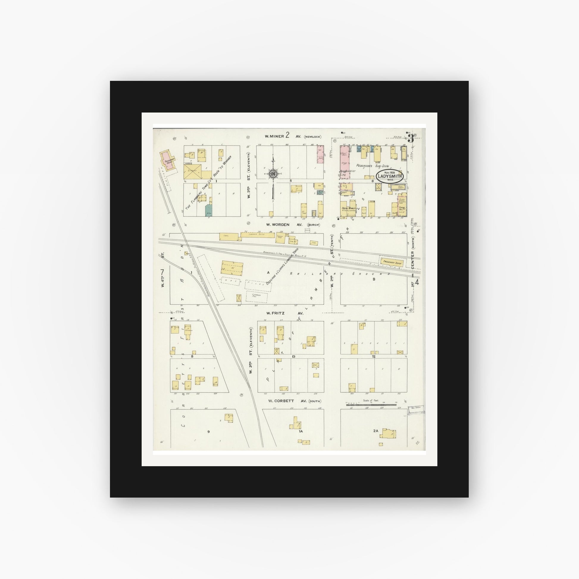Old map wall art mockup — black gallery frame with white mat — Sanborn Fire Insurance Map from Ladysmith, Rusk County, Wisconsin (1909), Sheet #0003