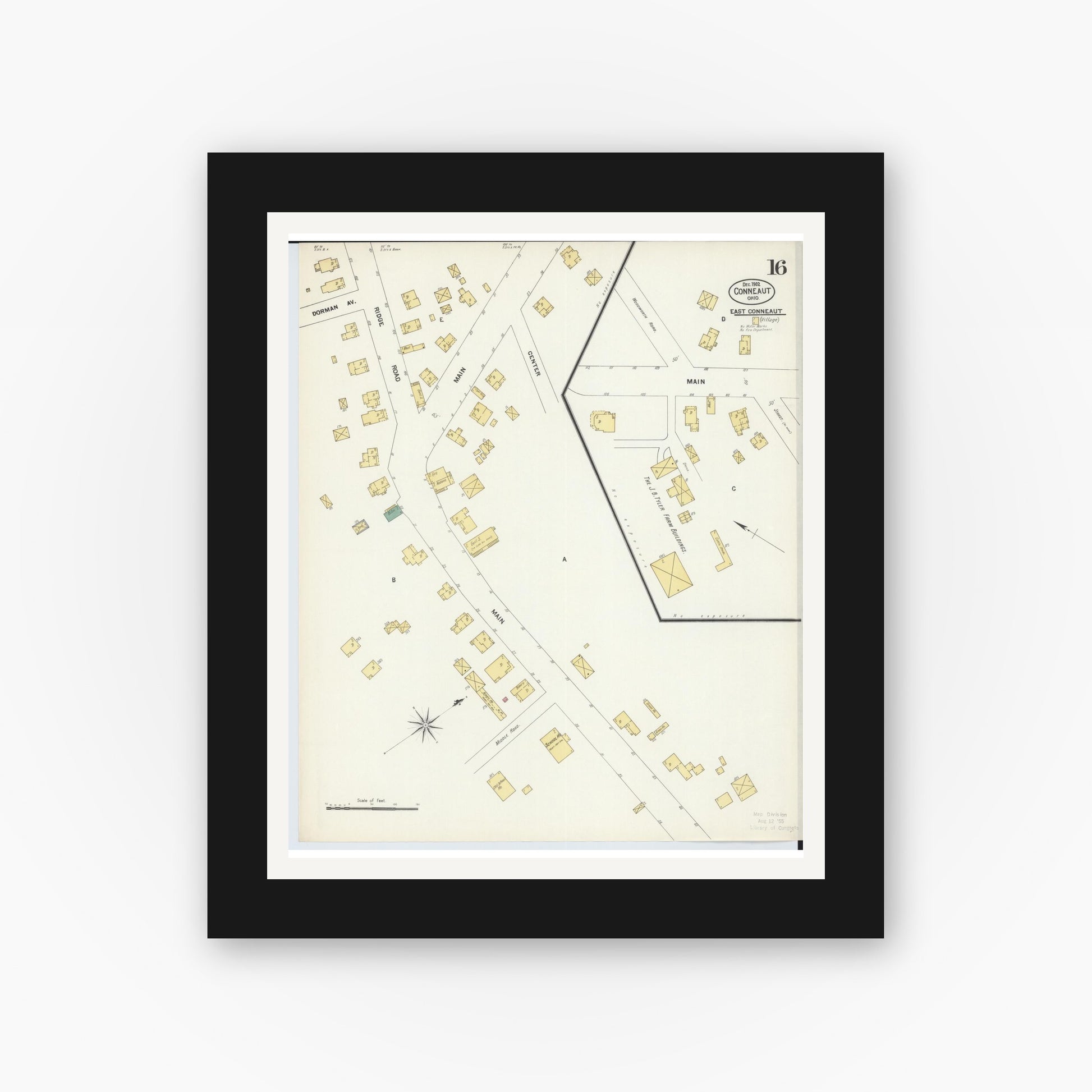 Old map wall art mockup — black gallery frame with white mat — Sanborn Fire Insurance Map from Conneaut, Ashtabula County, Ohio (1902), Sheet #0016