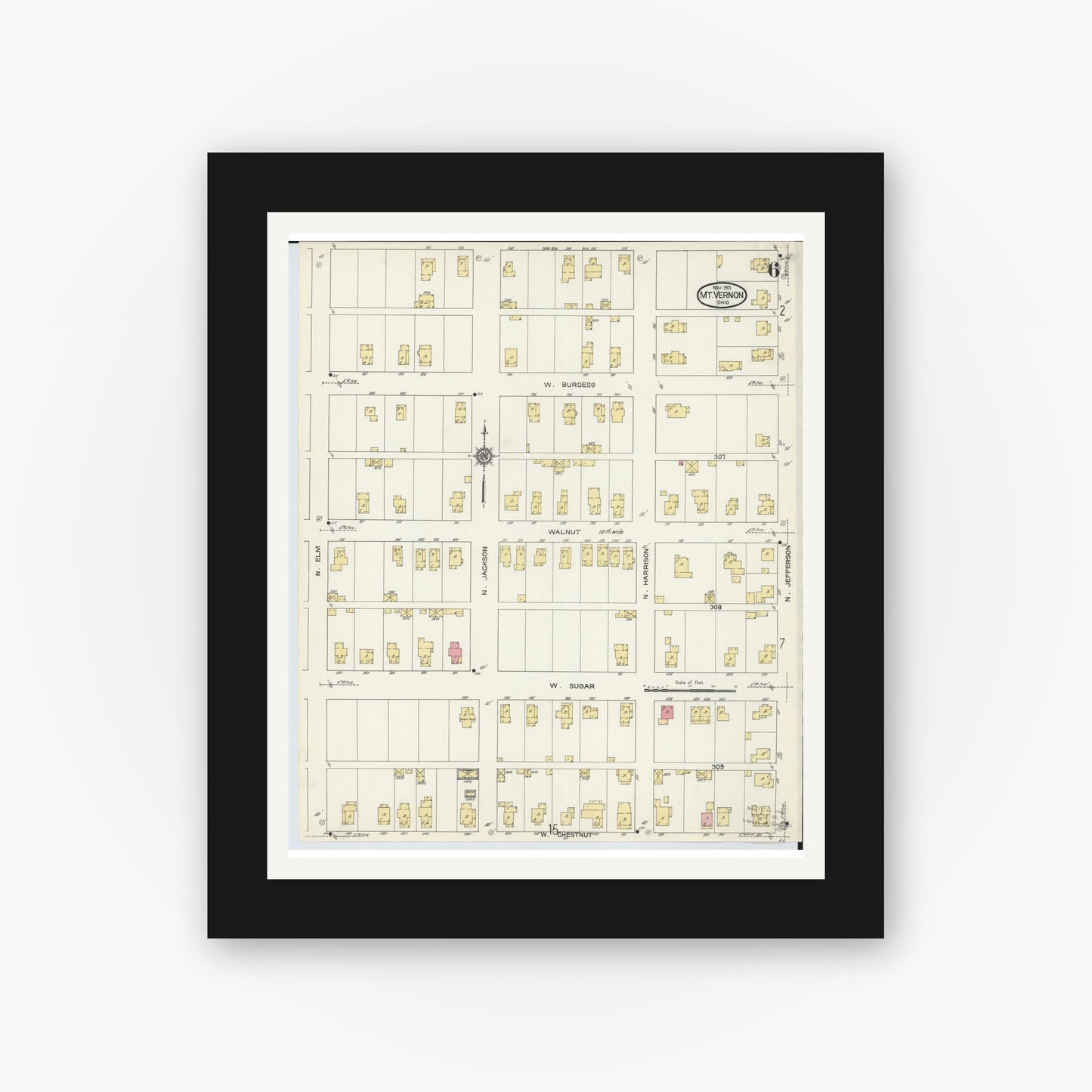 Old map wall art mockup — black gallery frame with white mat — Sanborn Fire Insurance Map from Mount Vernon, Knox County, Ohio (1913), Sheet #0006