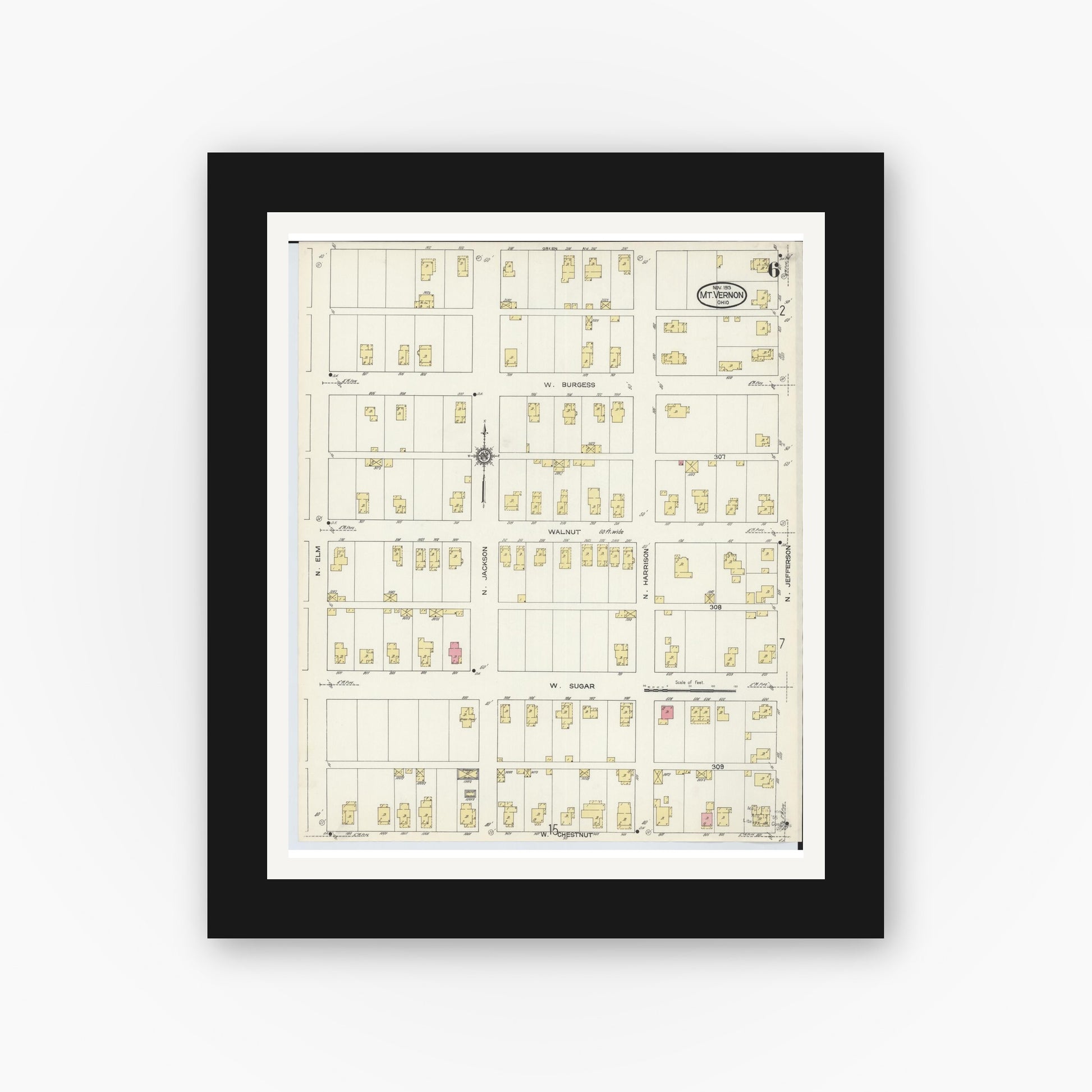 Old map wall art mockup — black gallery frame with white mat — Sanborn Fire Insurance Map from Mount Vernon, Knox County, Ohio (1913), Sheet #0006
