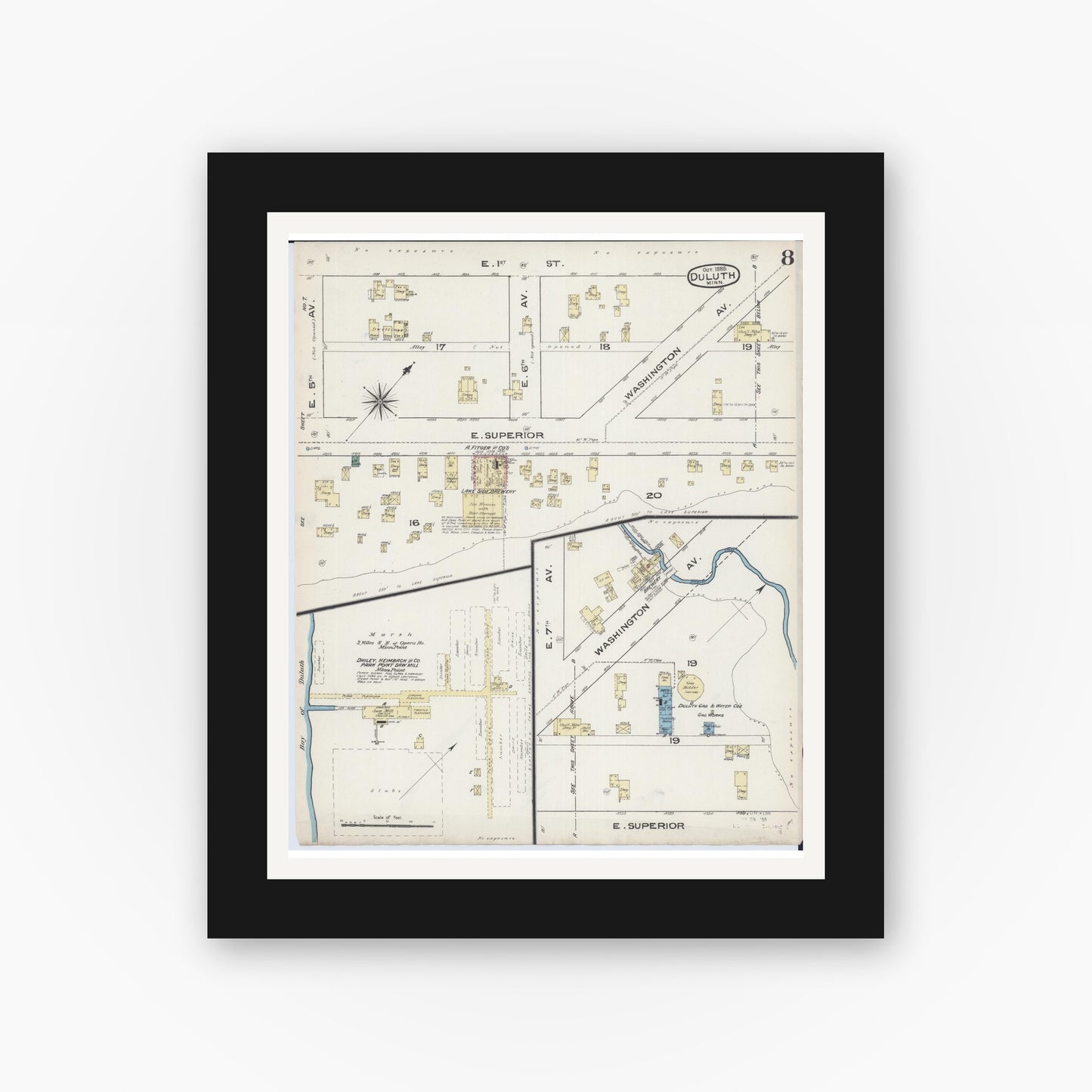 Old map wall art mockup — black gallery frame with white mat — Sanborn Fire Insurance Map from Duluth, Saint Louis County, Minnesota (1885), Sheet #0008