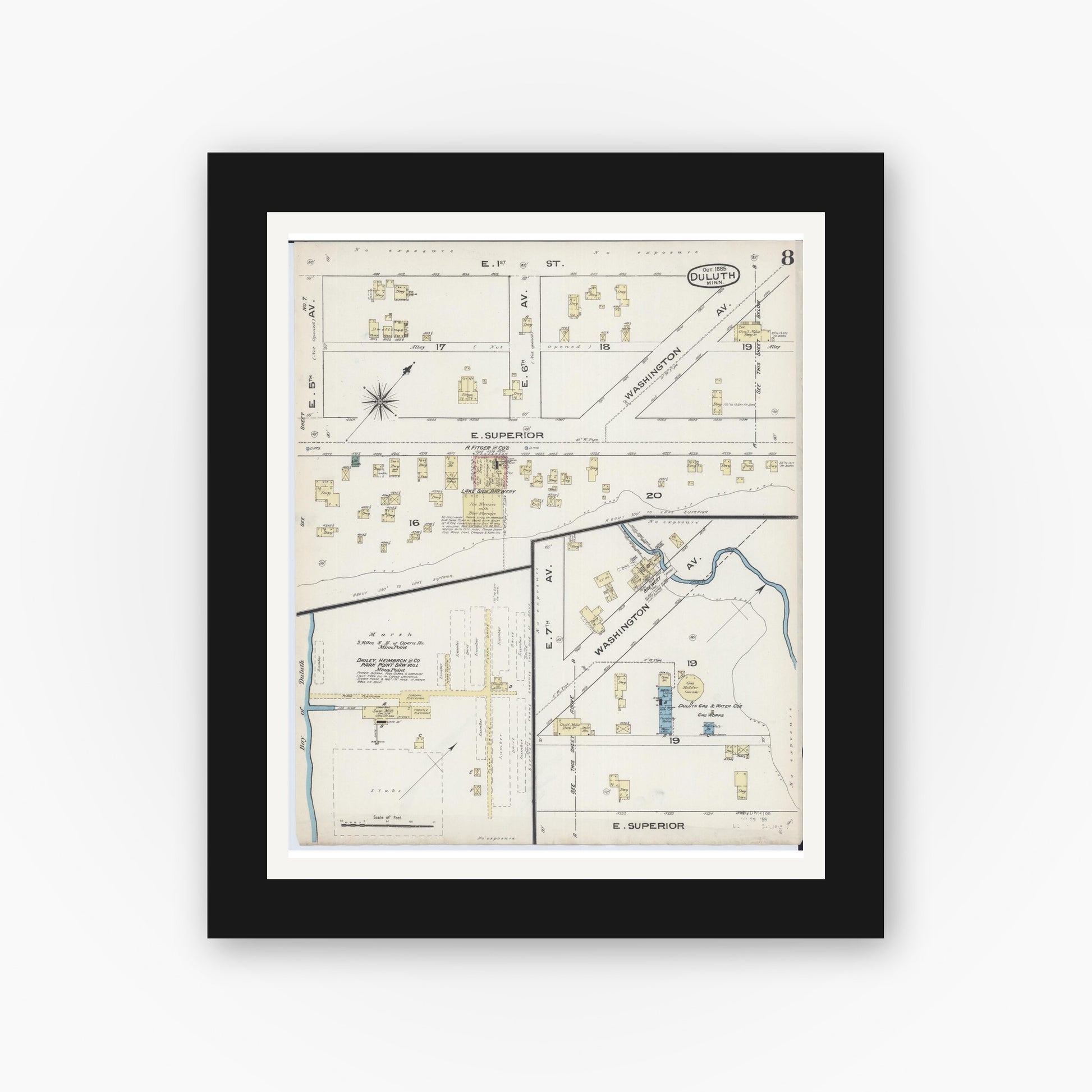 Old map wall art mockup — black gallery frame with white mat — Sanborn Fire Insurance Map from Duluth, Saint Louis County, Minnesota (1885), Sheet #0008