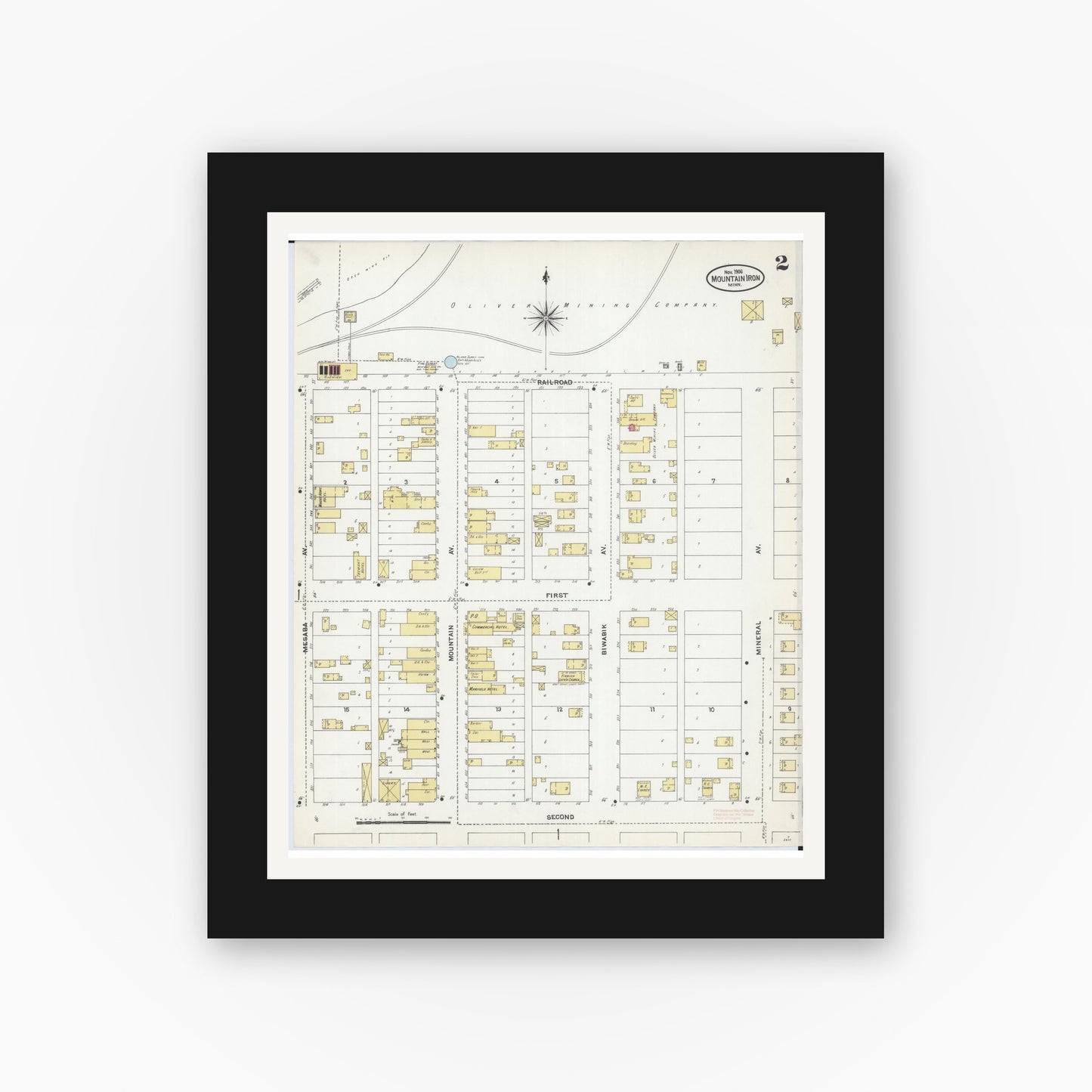 Old map wall art mockup — black gallery frame with white mat — Sanborn Fire Insurance Map from Mountain Iron, Saint Louis County, Minnesota (1906), Sheet #0002