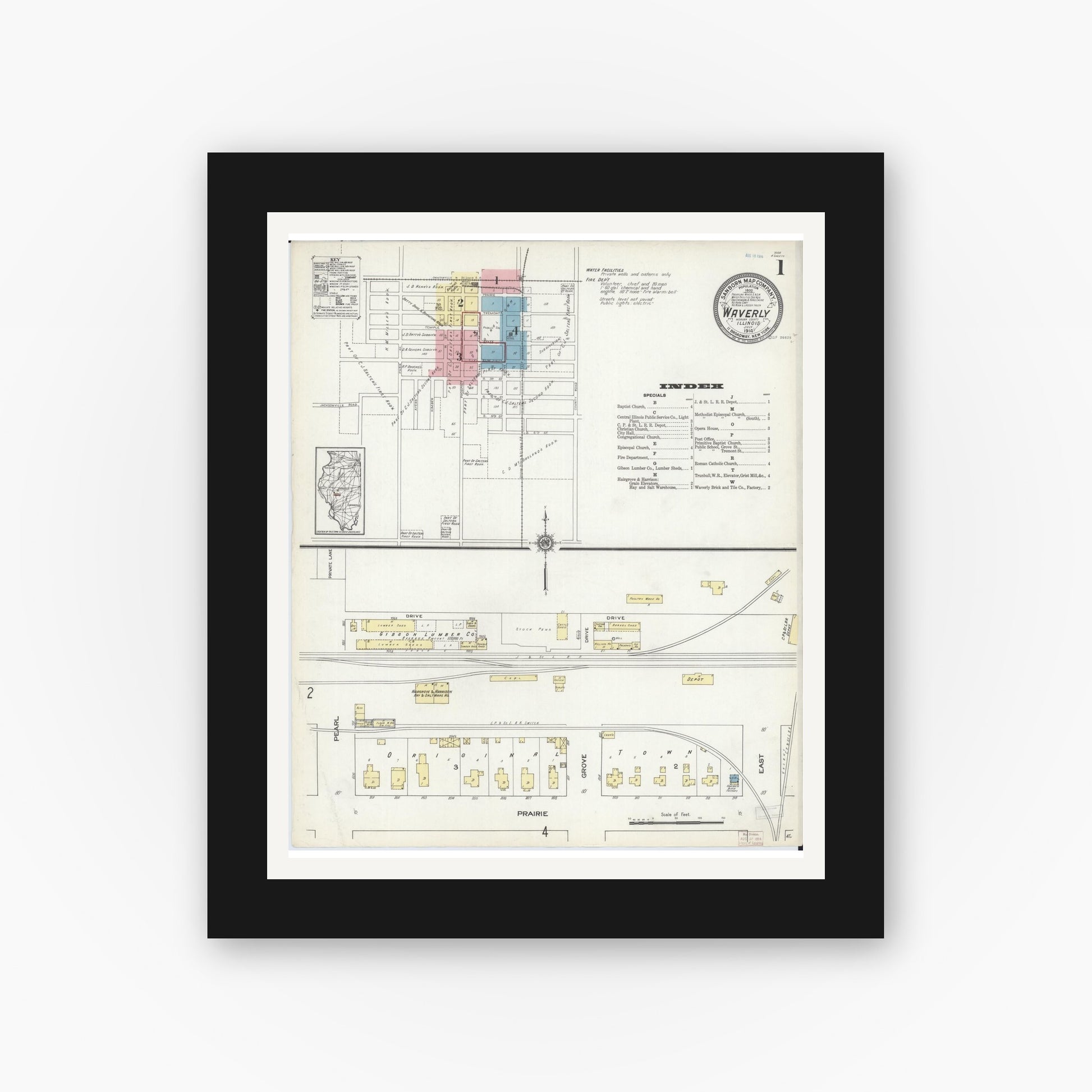 Old map wall art mockup — black gallery frame with white mat — Sanborn Fire Insurance Map from Waverly, Morgan County, Illinois (1914), Sheet #0001