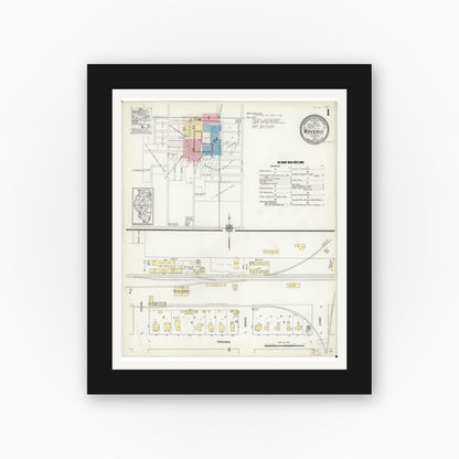 Old map wall art mockup — black gallery frame with white mat — Sanborn Fire Insurance Map from Waverly, Morgan County, Illinois (1914), Sheet #0001