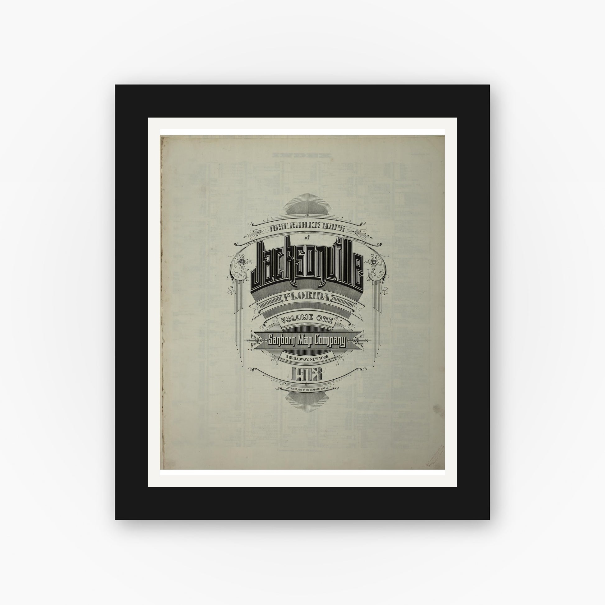 Old map wall art mockup — black gallery frame with white mat — Sanborn Fire Insurance Map from Jacksonville, Duval County, Florida (1913), Sheet #0001