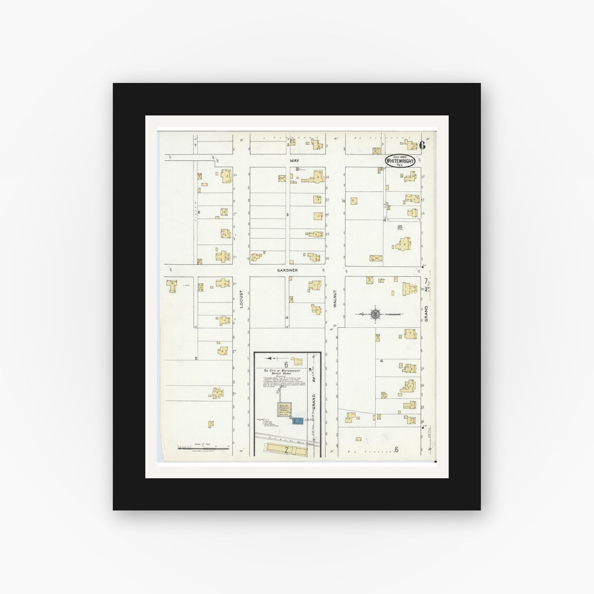 Old map wall art mockup — black gallery frame with white mat — Sanborn Fire Insurance Map from Whitewright, Grayson County, Texas (1920), Sheet #0006