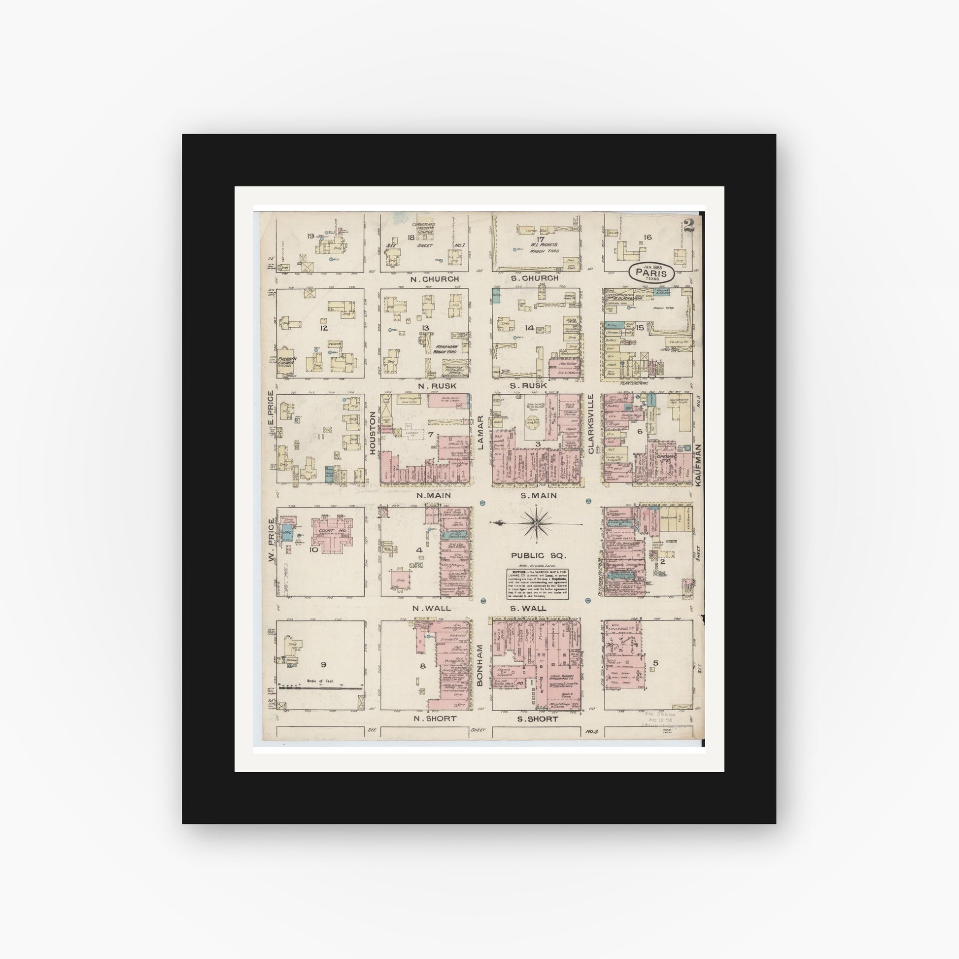 Old map wall art mockup — black gallery frame with white mat — Sanborn Fire Insurance Map from Paris, Lamar County, Texas (1885), Sheet #0002