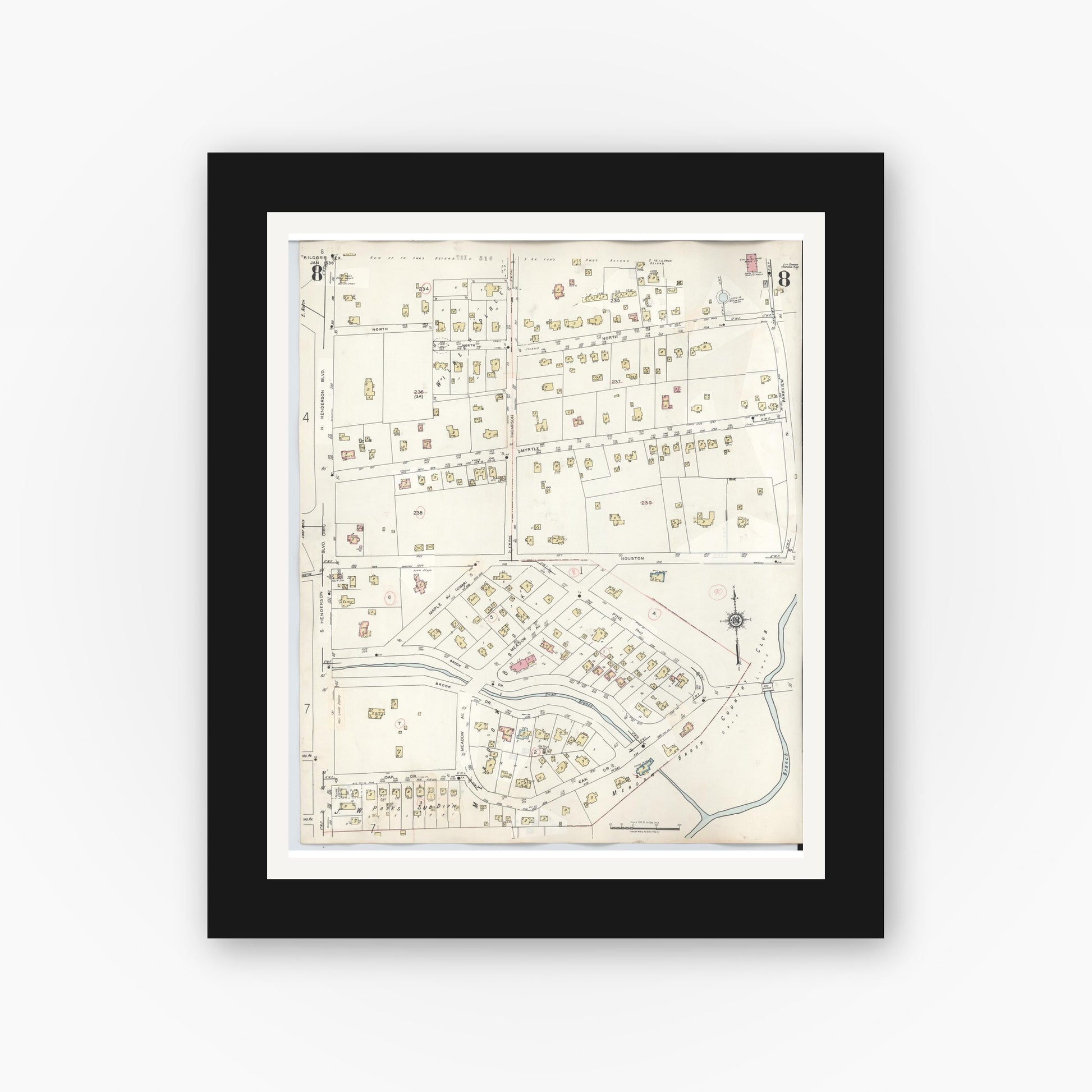 Old map wall art mockup — black gallery frame with white mat — Sanborn Fire Insurance Map from Kilgore, Gregg County, Texas (1950), Sheet #0008