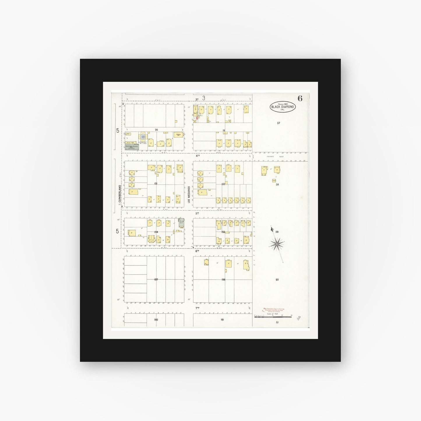 Old map wall art mockup — black gallery frame with white mat — Sanborn Fire Insurance Map from Black Diamond, Contra Costa, California (1907), Sheet #0006
