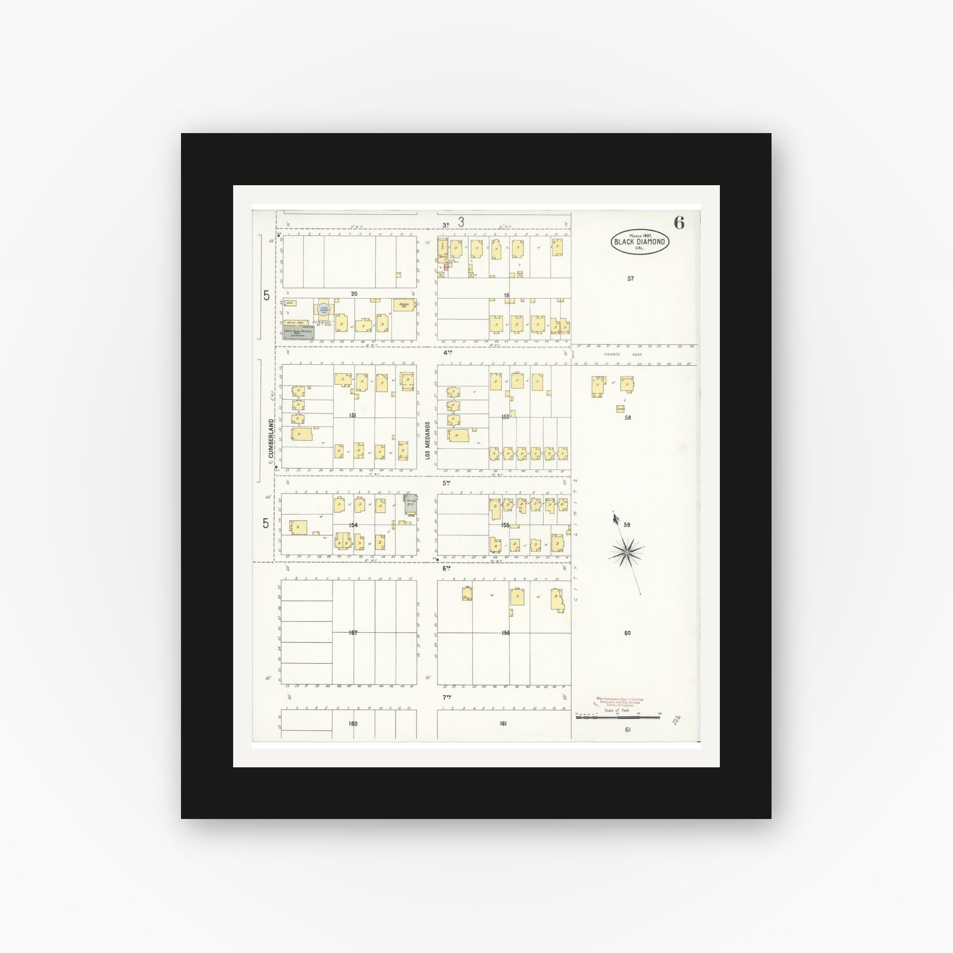 Old map wall art mockup — black gallery frame with white mat — Sanborn Fire Insurance Map from Black Diamond, Contra Costa, California (1907), Sheet #0006