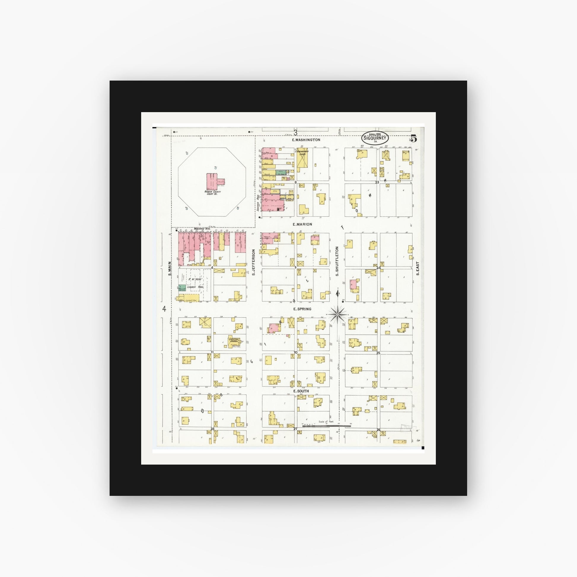 Old map wall art mockup — black gallery frame with white mat — Sanborn Fire Insurance Map from Sigourney, Kiokuk County, Iowa (1899), Sheet #0005