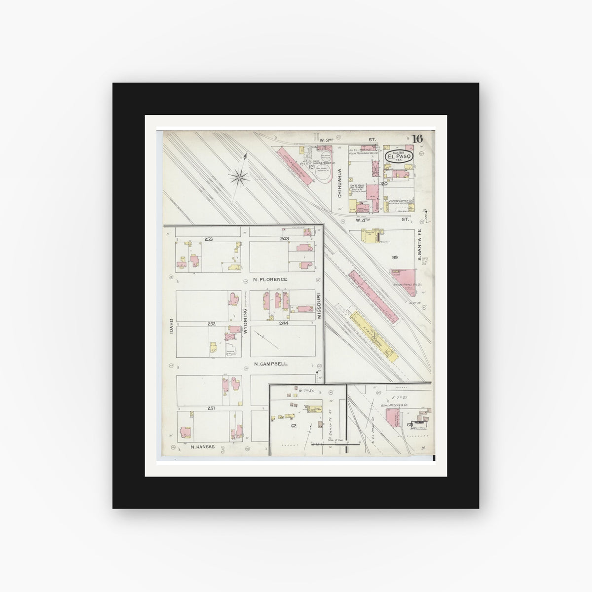 Old map wall art mockup — black gallery frame with white mat — Sanborn Fire Insurance Map from El Paso, El Paso County, Texas (1893), Sheet #0016