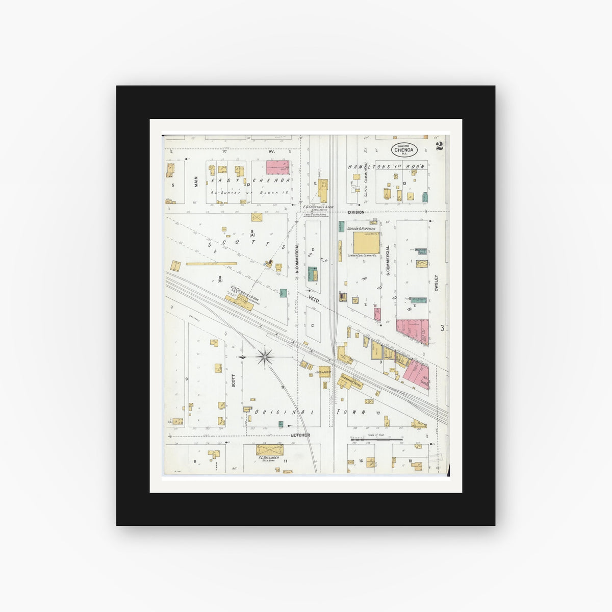 Old map wall art mockup — black gallery frame with white mat — Sanborn Fire Insurance Map from Chenoa, McLean County, Illinois (1901), Sheet #0002