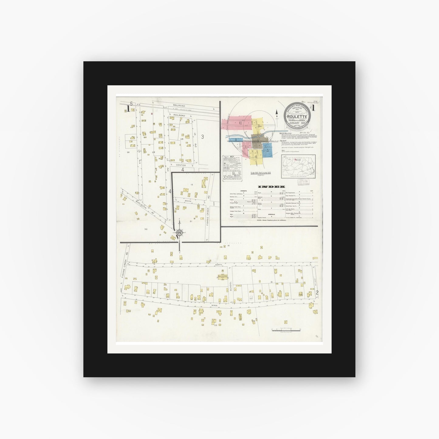 Old map wall art mockup — black gallery frame with white mat — Sanborn Fire Insurance Map from Roulette, Potter County, Pennsylvania (1930) - Complete Map Set