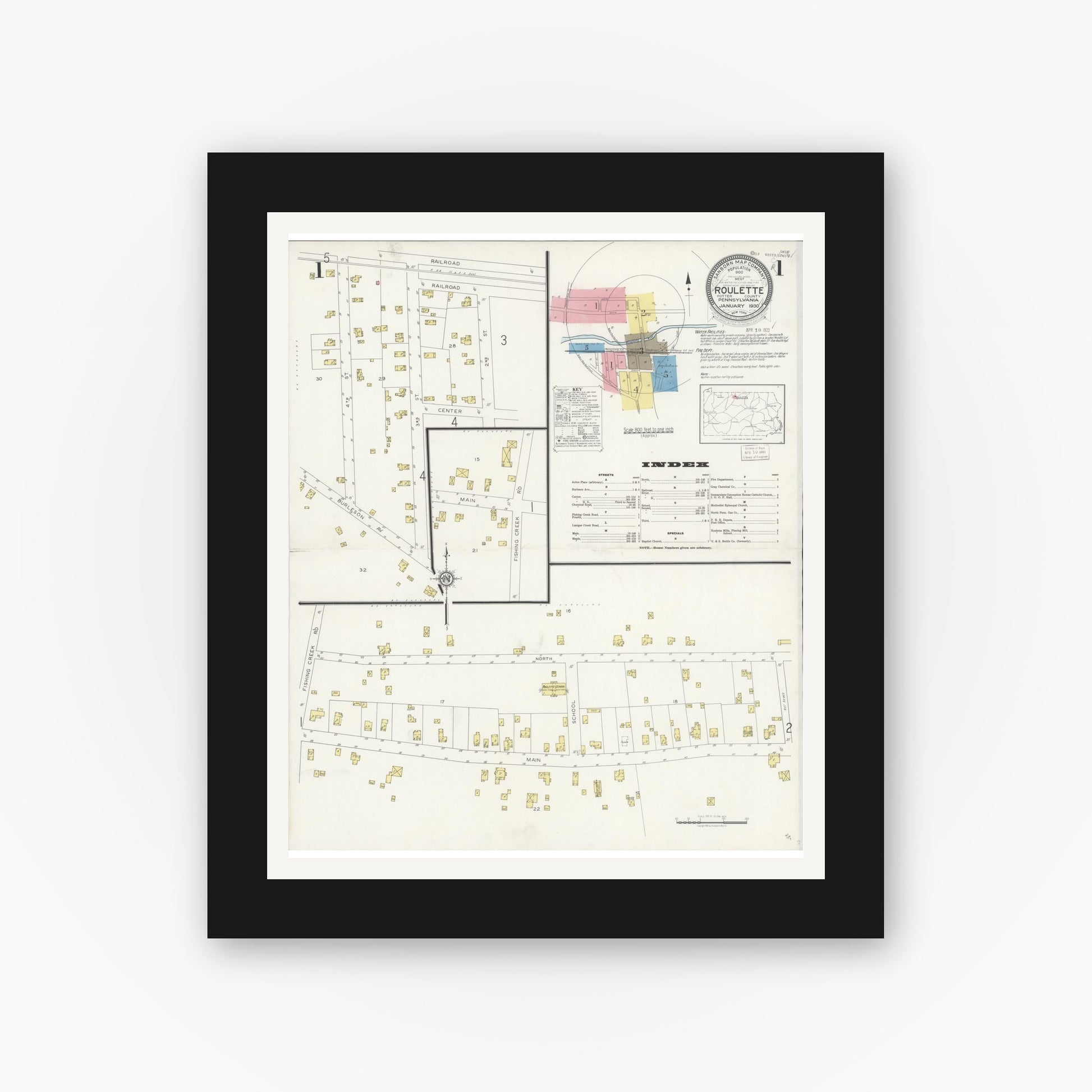 Old map wall art mockup — black gallery frame with white mat — Sanborn Fire Insurance Map from Roulette, Potter County, Pennsylvania (1930) - Complete Map Set