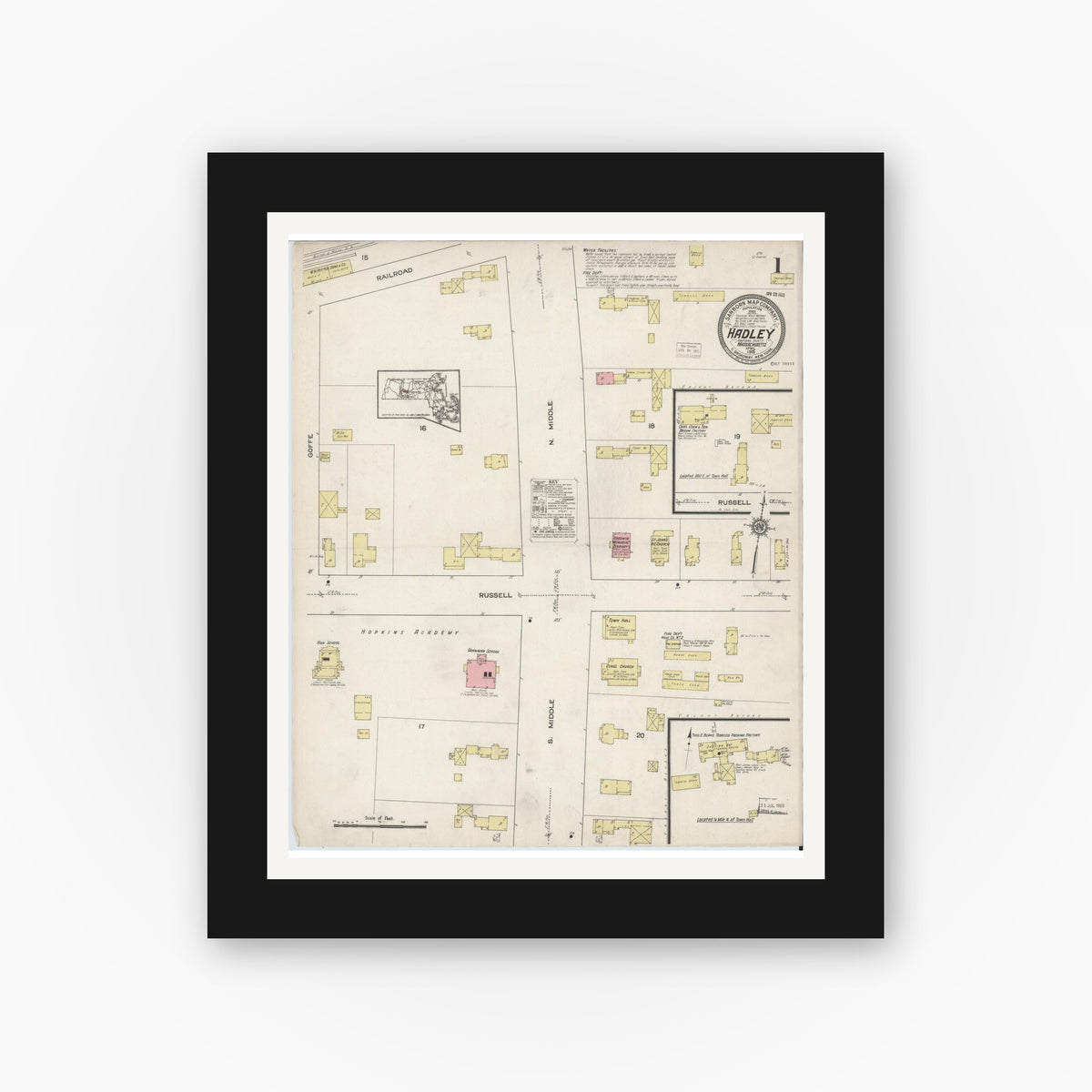 Old map wall art mockup — black gallery frame with white mat — Sanborn Fire Insurance Map from Hadley, Hampshire County, Massachusetts (1915), Sheet #0001