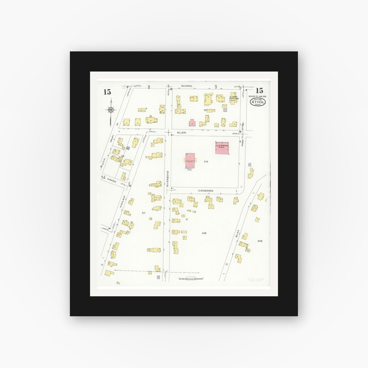 Old map wall art mockup — black gallery frame with white mat — Sanborn Fire Insurance Map from Athol, Worcester County, Massachusetts (1936), Sheet #0015