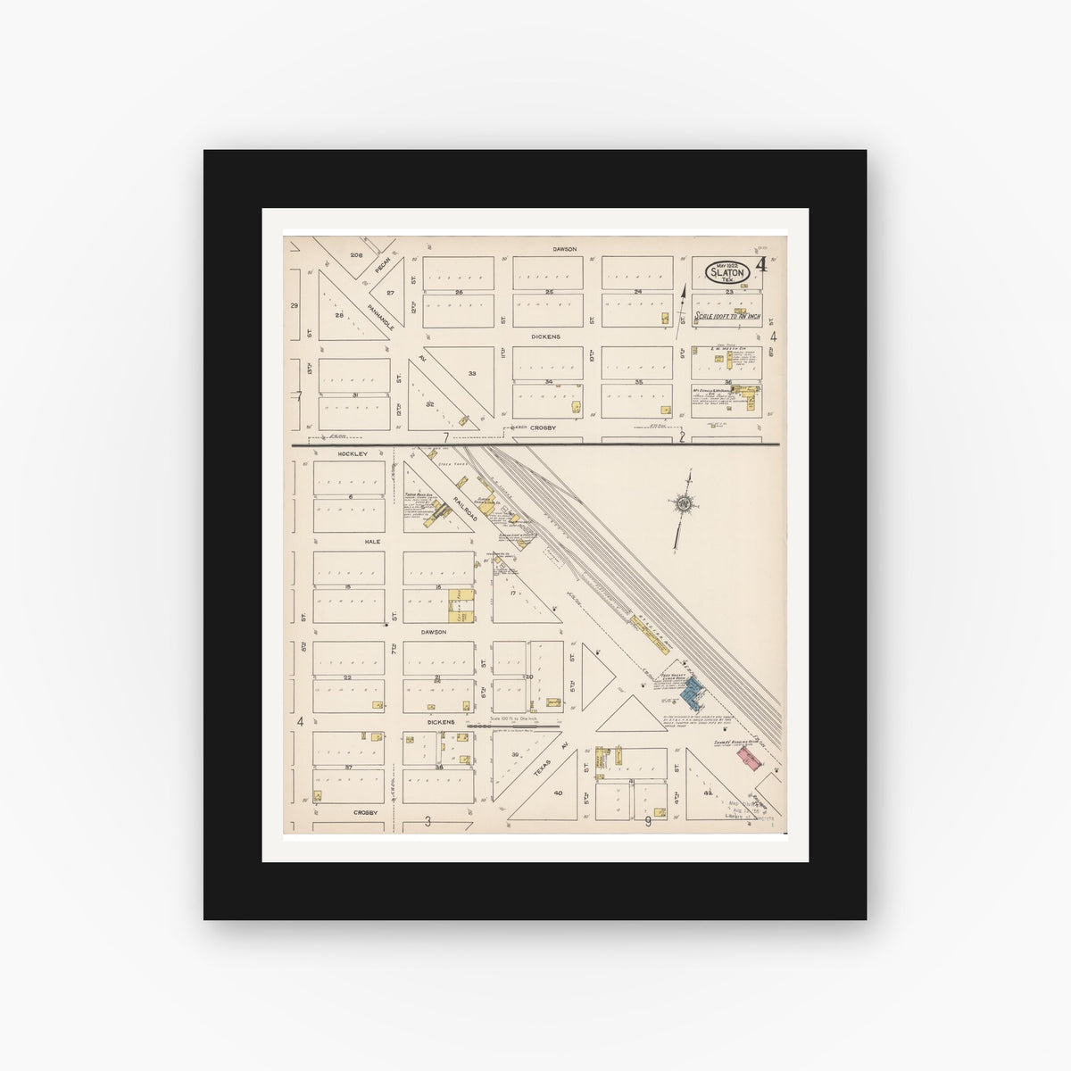 Old map wall art mockup — black gallery frame with white mat — Sanborn Fire Insurance Map from Slaton, Lubbock County, Texas (1922), Sheet #0004
