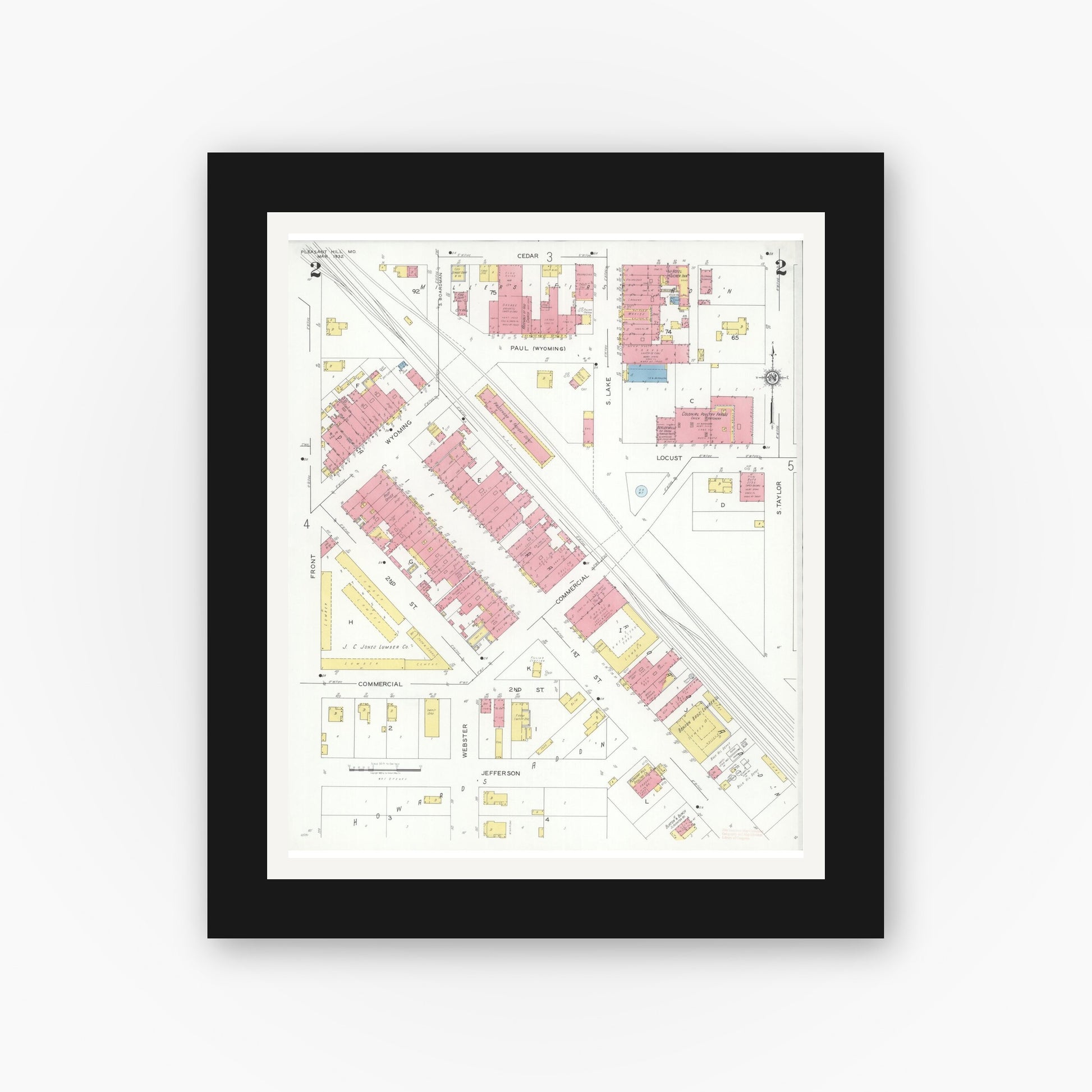 Old map wall art mockup — black gallery frame with white mat — Sanborn Fire Insurance Map from Pleasant Hill, Cass County, Missouri (1932), Sheet #0002