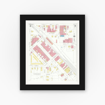 Old map wall art mockup — black gallery frame with white mat — Sanborn Fire Insurance Map from Pleasant Hill, Cass County, Missouri (1932), Sheet #0002
