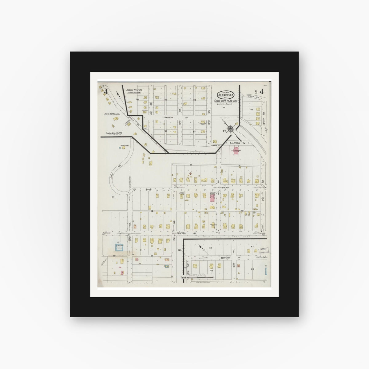 Old map wall art mockup — black gallery frame with white mat — Sanborn Fire Insurance Map from Altavista, Campbell County, Virginia (1925), Sheet #0004