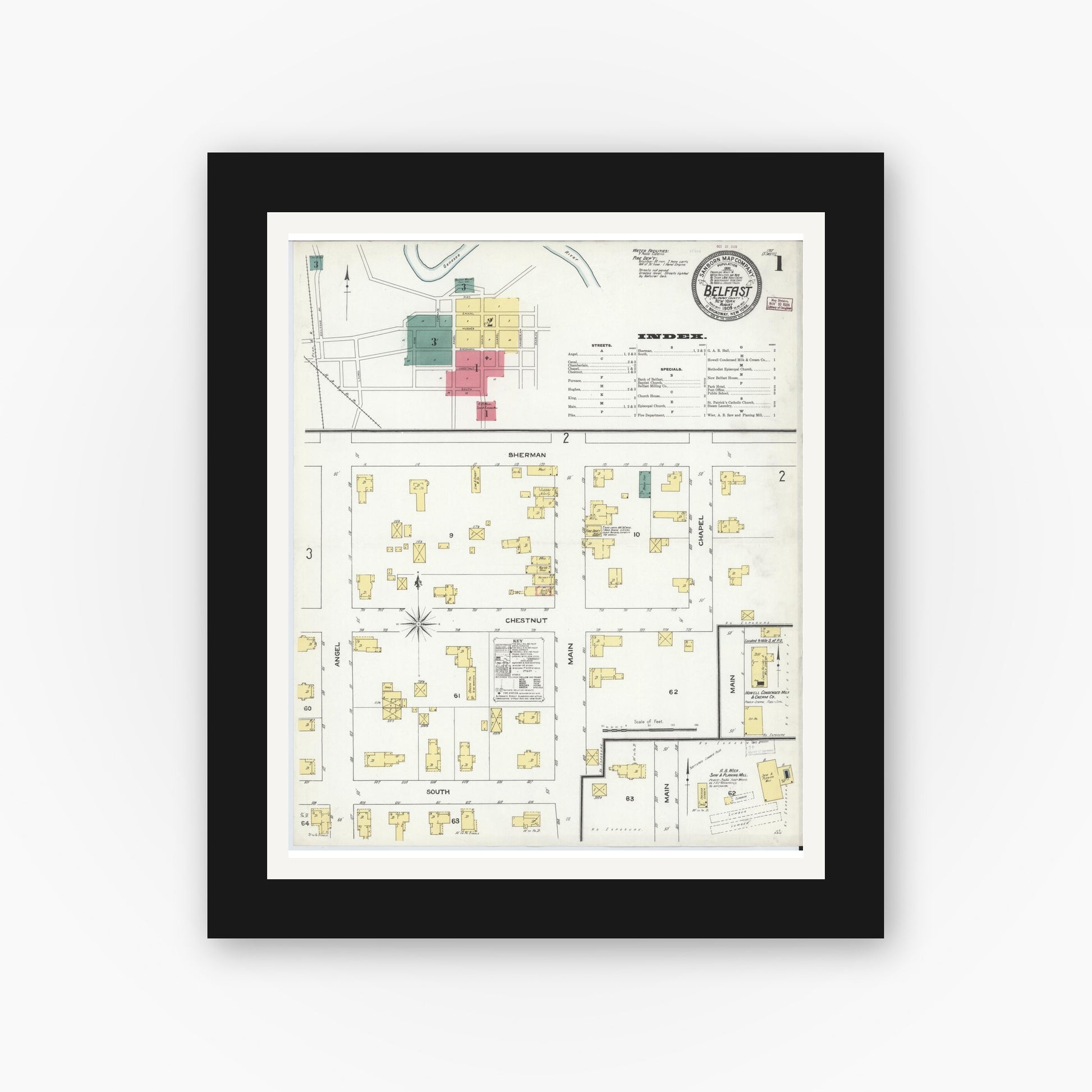 Old map wall art mockup — black gallery frame with white mat — Sanborn Fire Insurance Map from Belfast, Allegany County, New York (1909) - Complete Map Set