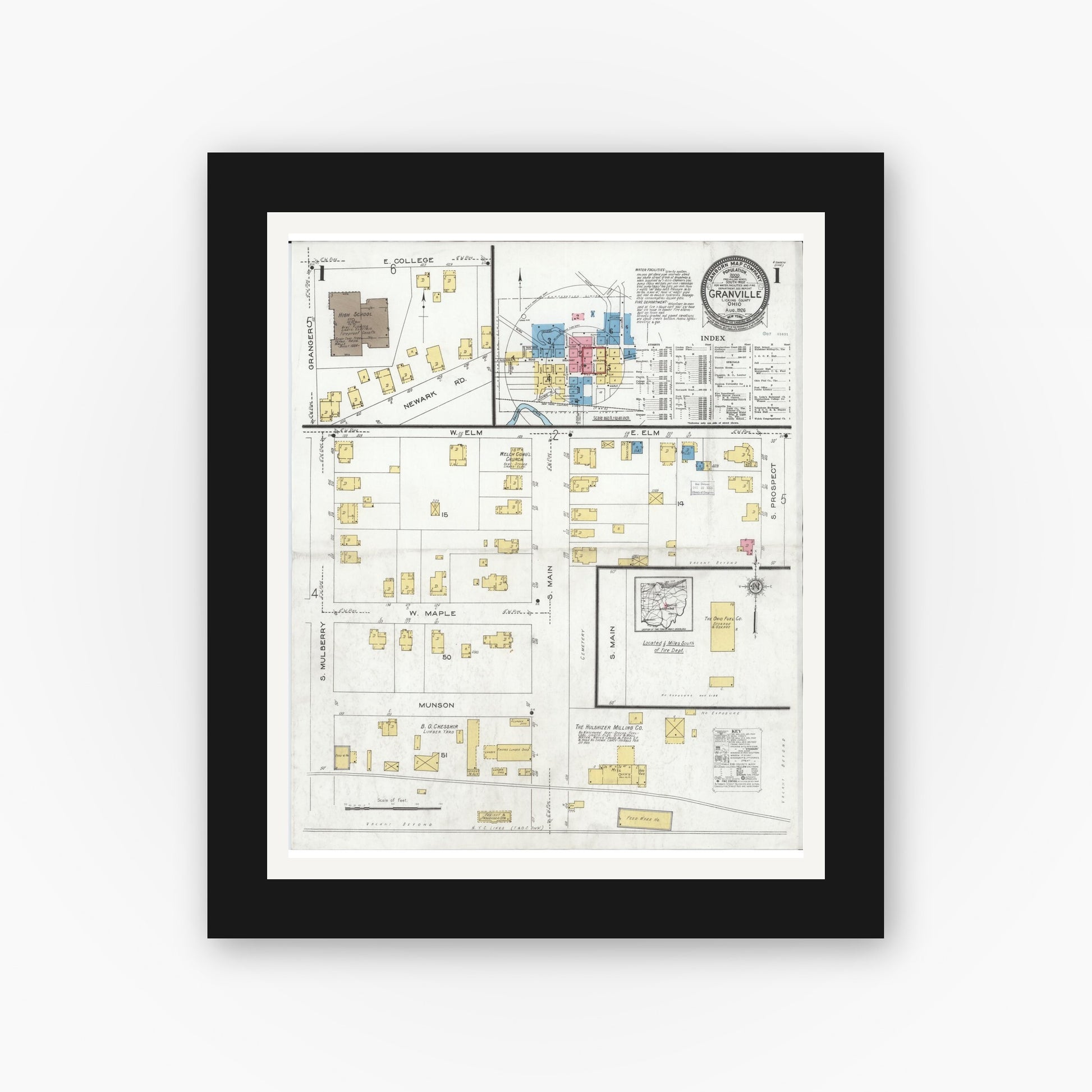 Old map wall art mockup — black gallery frame with white mat — Sanborn Fire Insurance Map from Granville, Licking County, Ohio (1926), Sheet #0001