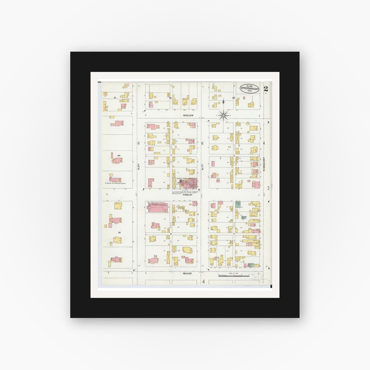 Old map wall art mockup — black gallery frame with white mat — Sanborn Fire Insurance Map from Upper Sandusky, Wyandot County, Ohio (1902), Sheet #0002