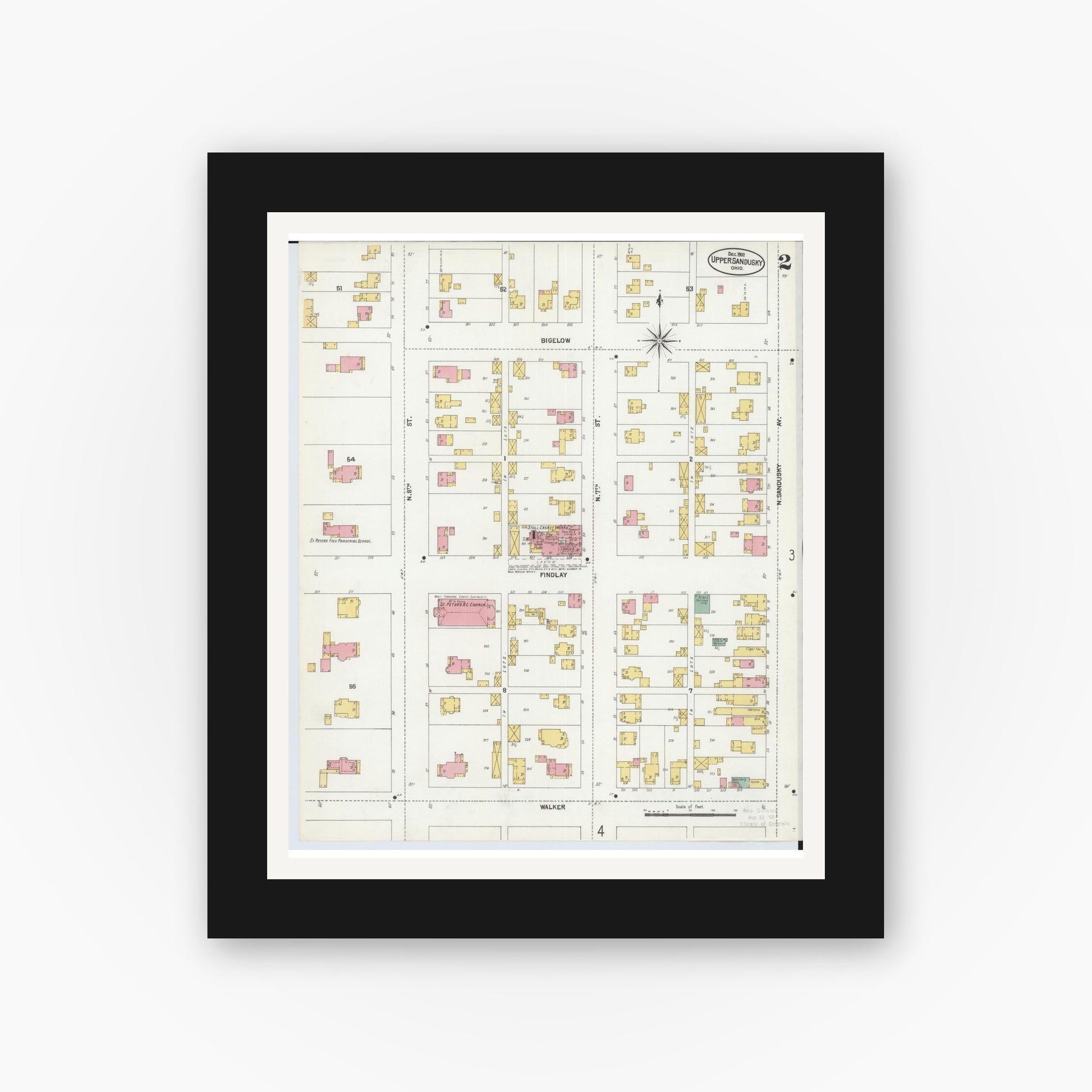 Old map wall art mockup — black gallery frame with white mat — Sanborn Fire Insurance Map from Upper Sandusky, Wyandot County, Ohio (1902), Sheet #0002