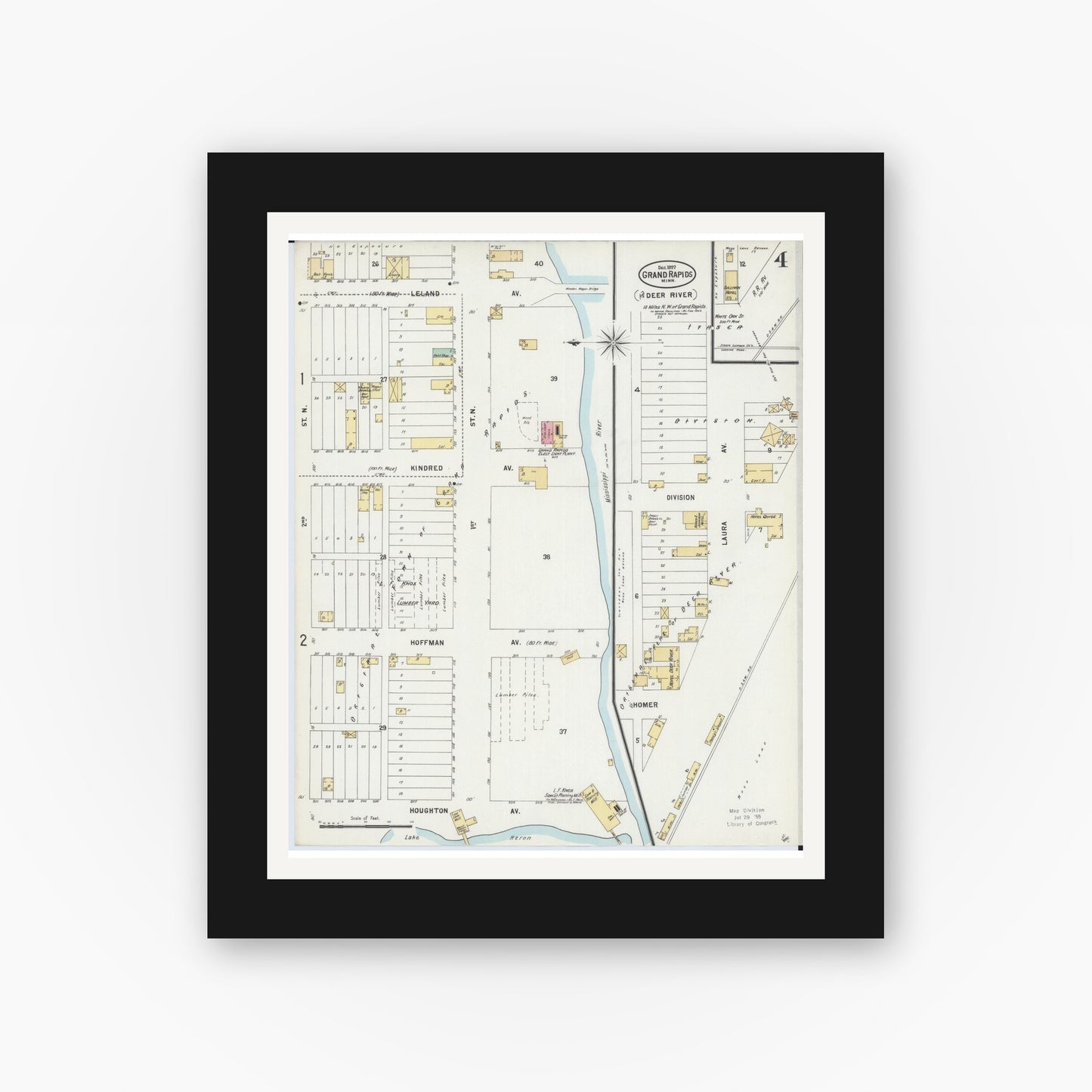 Old map wall art mockup — black gallery frame with white mat — Sanborn Fire Insurance Map from Grand Rapids, Itasca County, Minnesota (1897), Sheet #0004